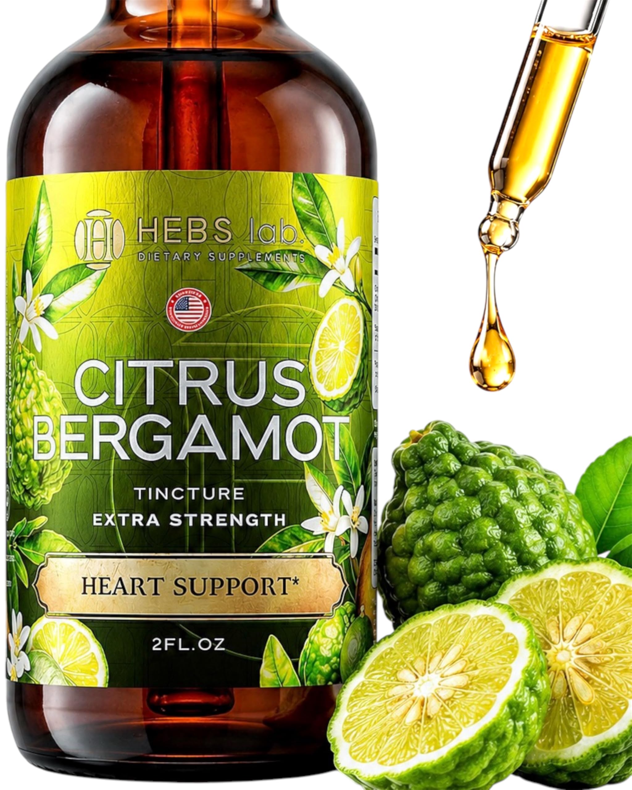 HEBS LAB. botella frontal con gotas de bergamot, presentación clara y práctica