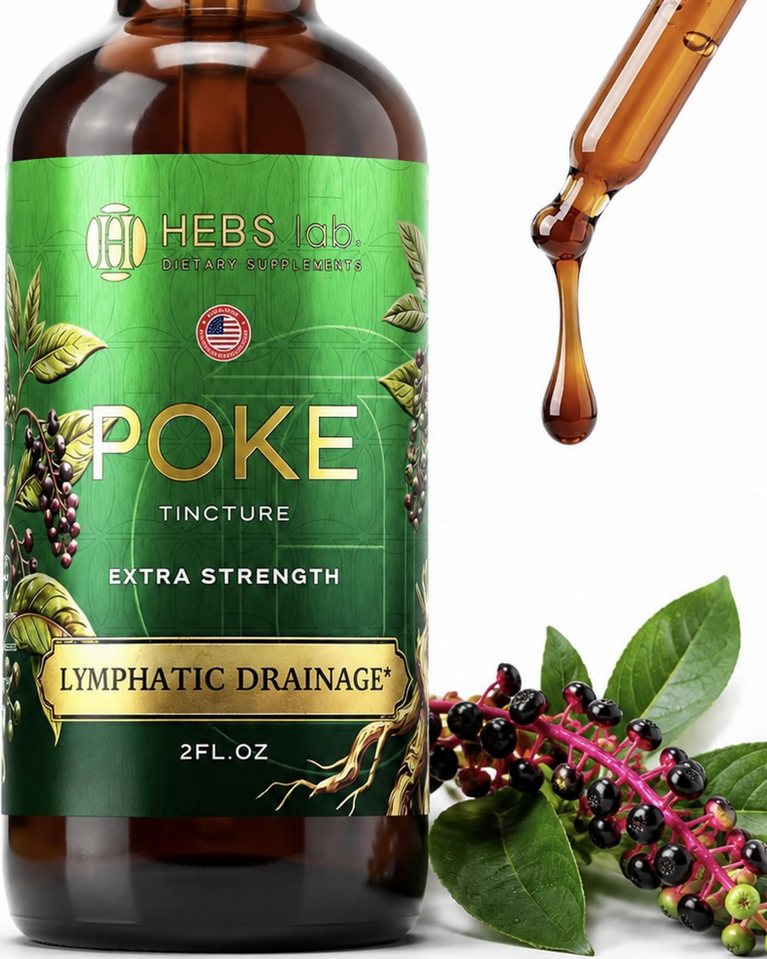 HEBS LAB envase frontal de Poke Root Extract mostrando tamaño y diseño, asegura confianza