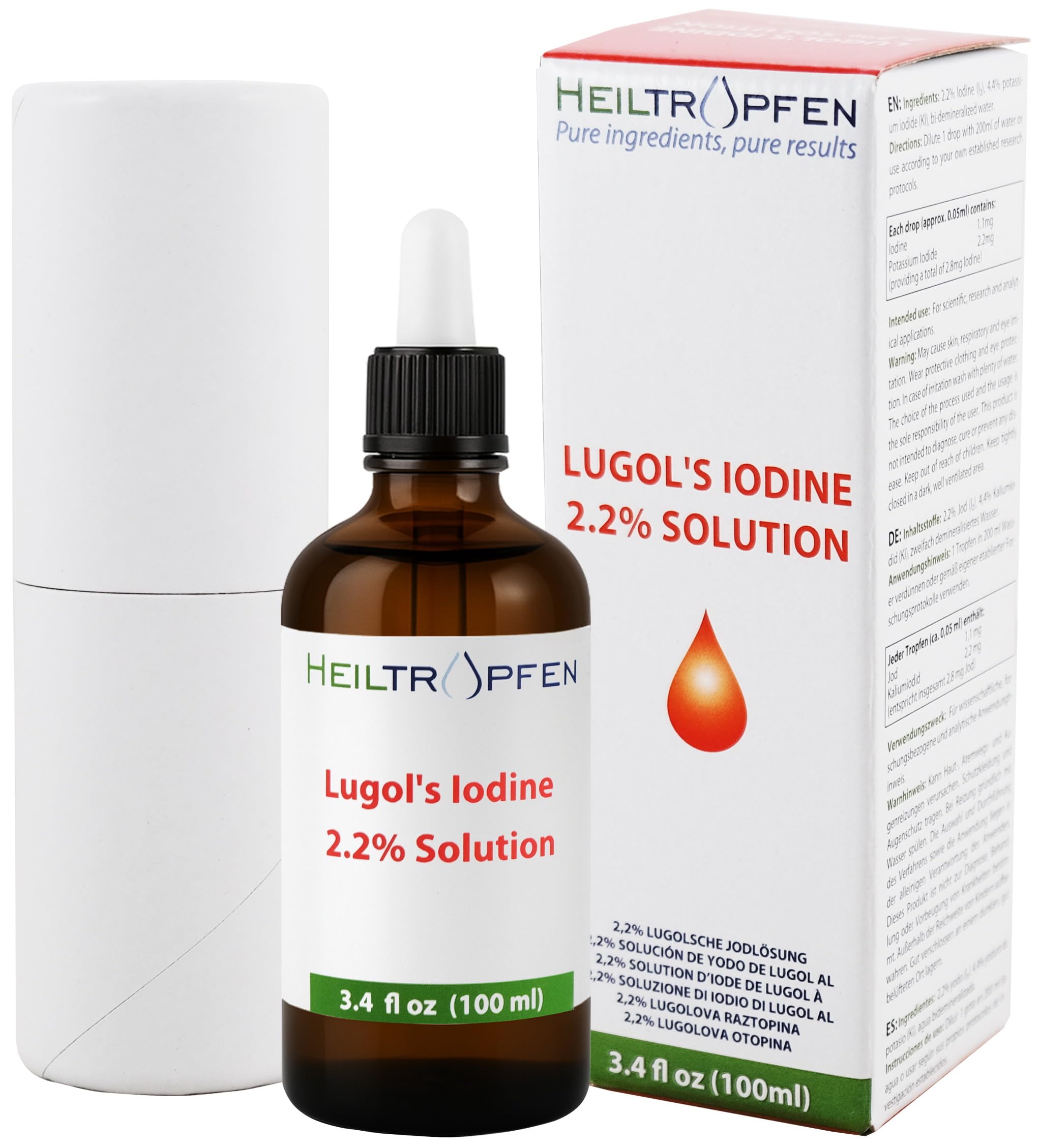 Heiltropfen botella frontal ámbar mostrando etiqueta y volumen 100 ml, protección contra luz
