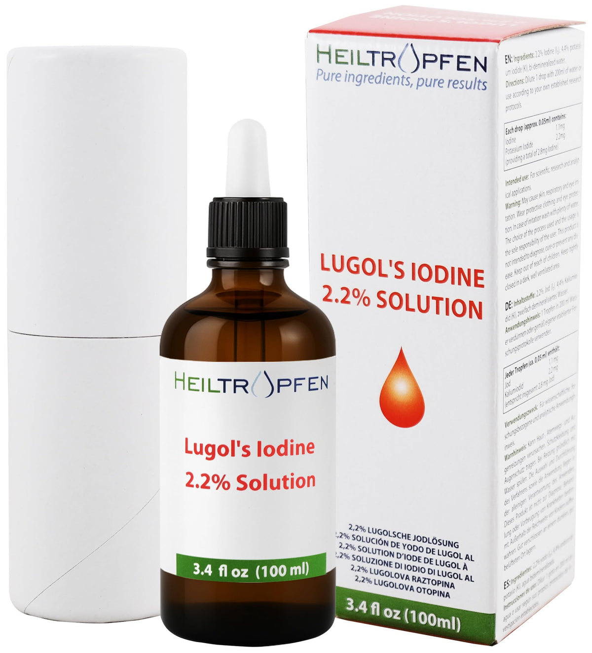 Heiltropfen botella frontal ámbar mostrando etiqueta y volumen 100 ml, protección contra luz