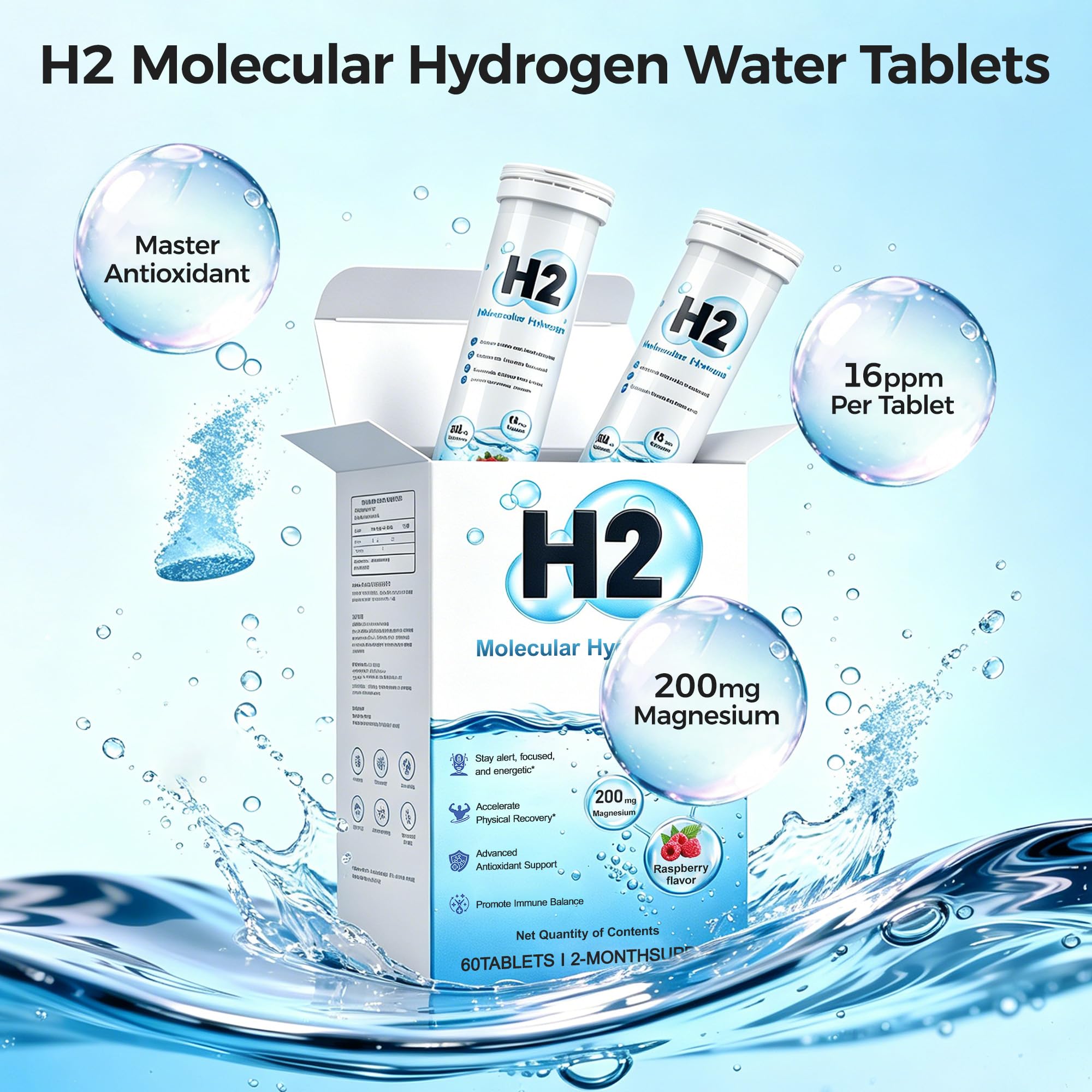 Hekeauo tableta disolviéndose en agua liberando hidrógeno para hidratación