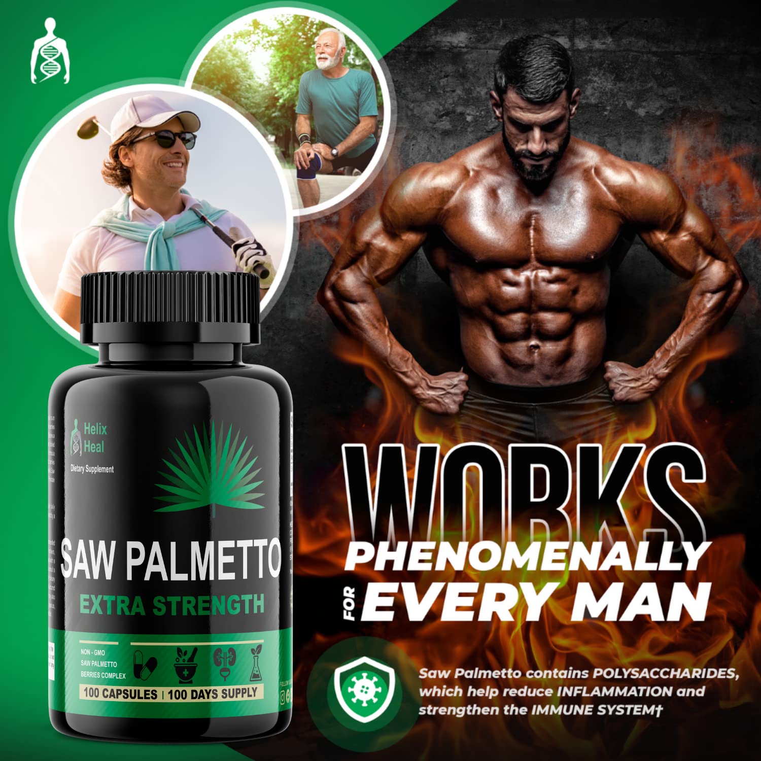 Helix Heal hombre tomando suplemento para mayor confianza urinaria