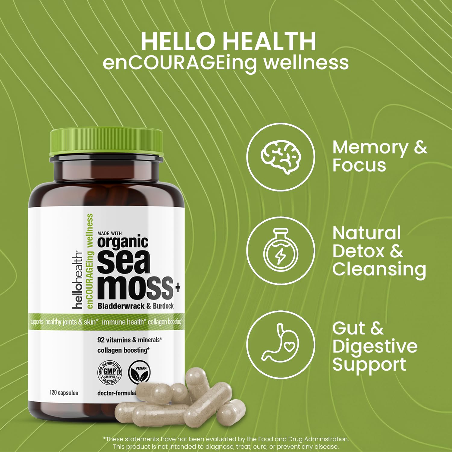 HELLO HEALTH musgo marino y raíz de bardana juntos señalando origen silvestre
