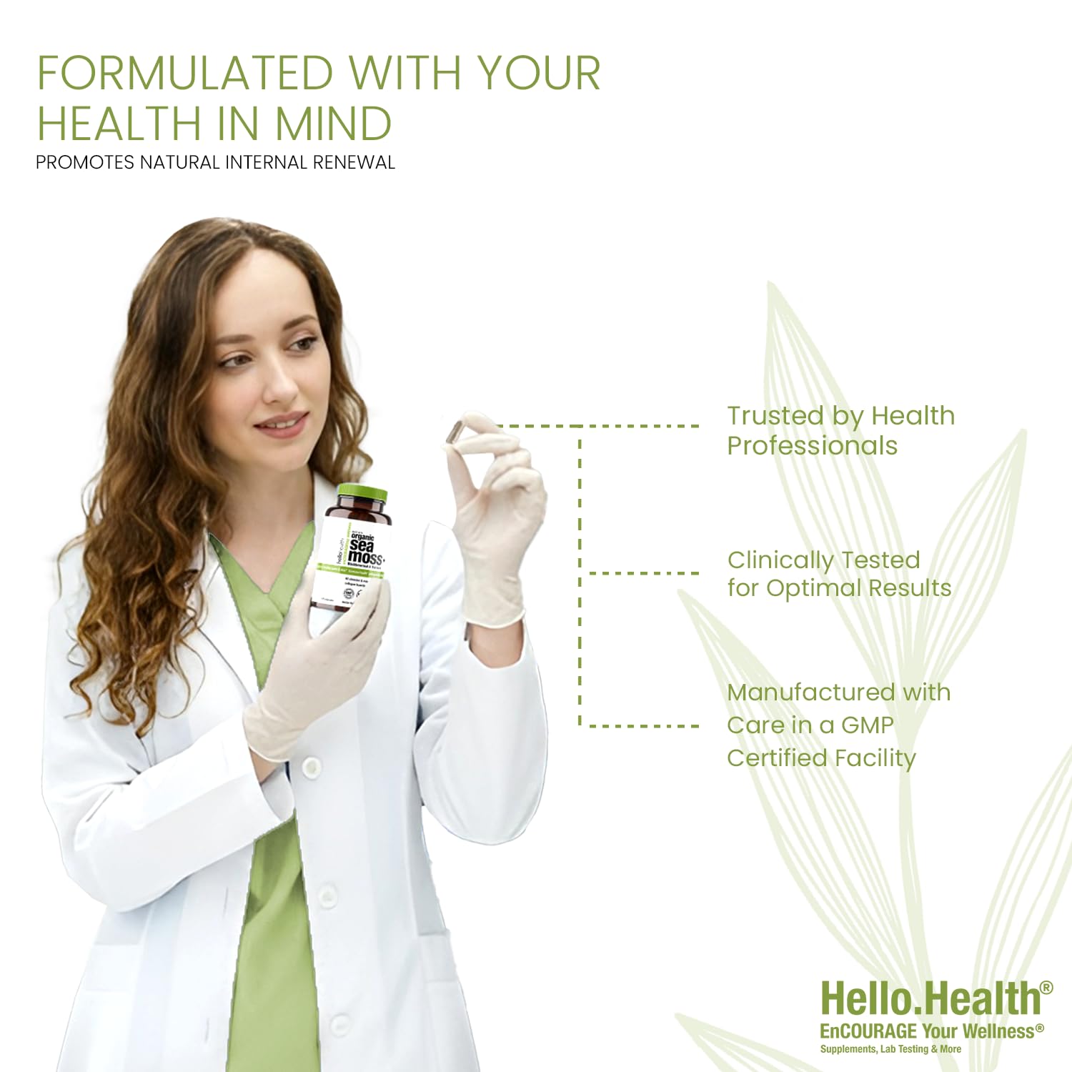 HELLO HEALTH botella junto a objeto para comparar tamaño y cantidad