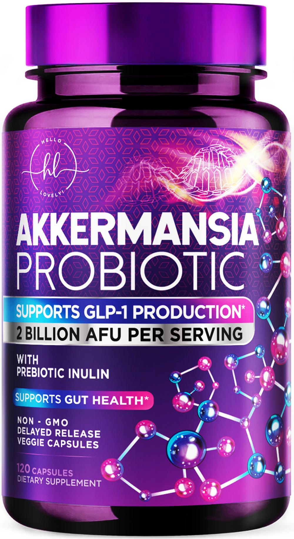 Hello Lovely! frasco frontal mostrando Akkermansia Probiotic y beneficio digestivo