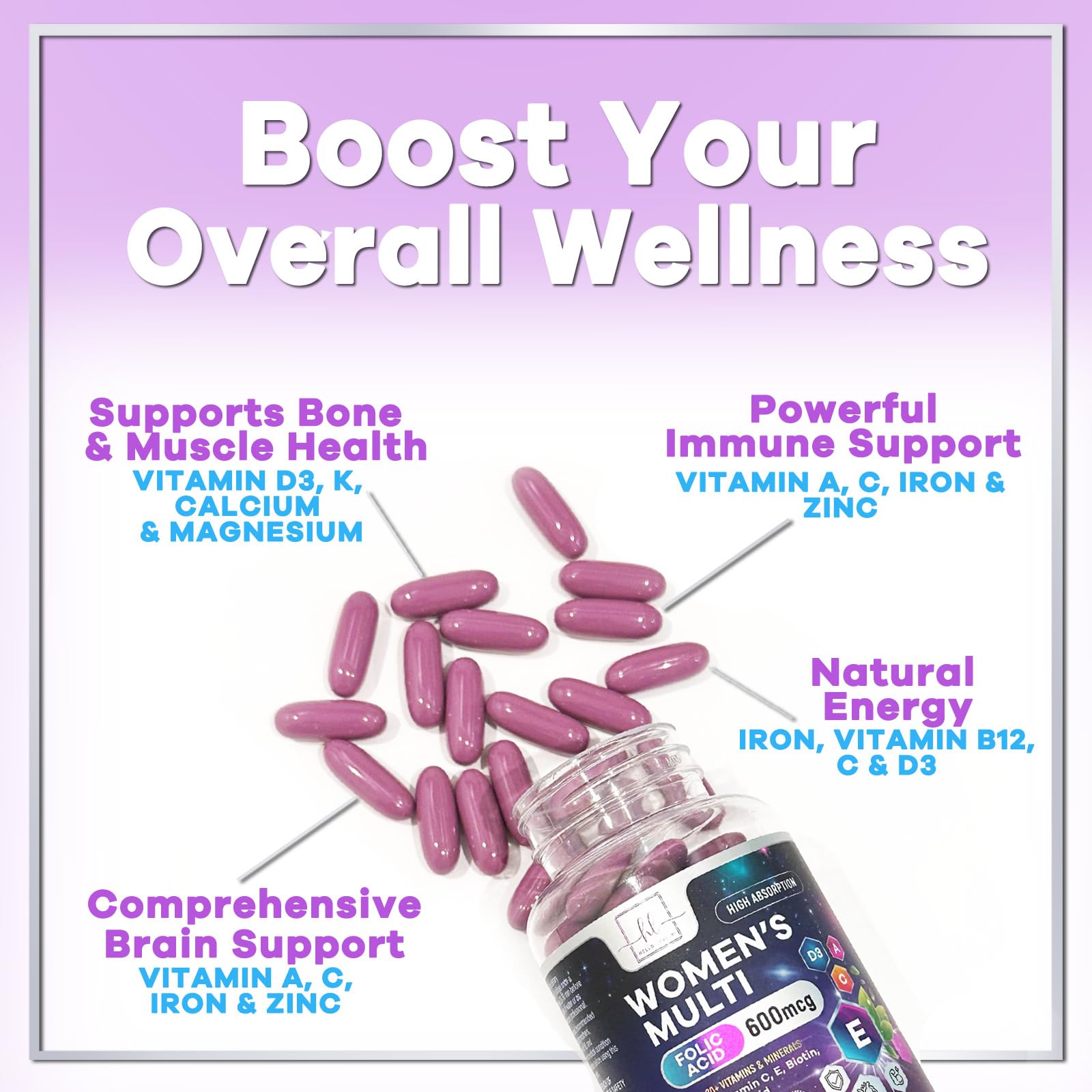 Hello Lovely! etiqueta con lista de vitaminas y minerales esenciales clara