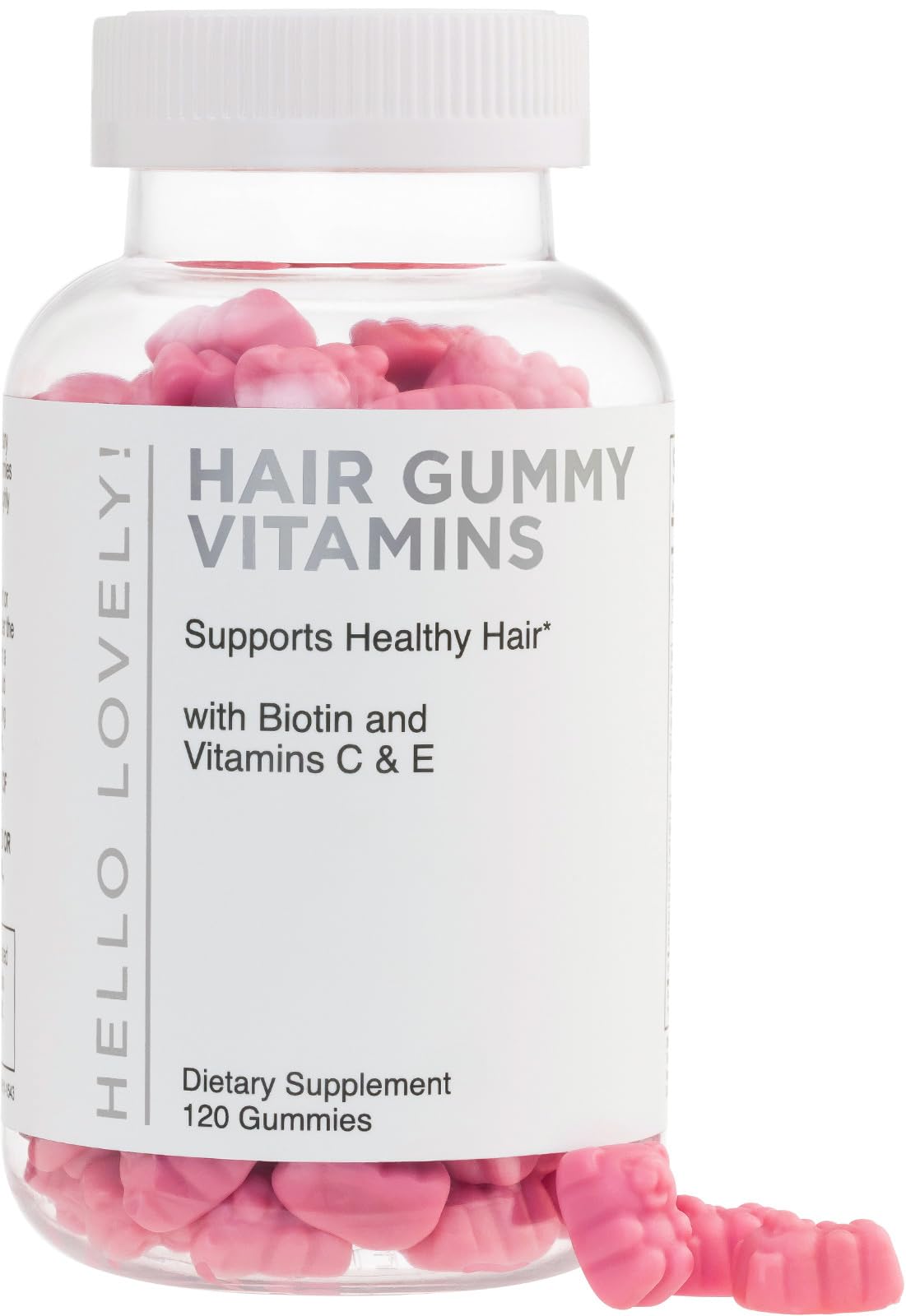 Hello Lovely! envase frontal mostrando 120 gomitas y beneficios