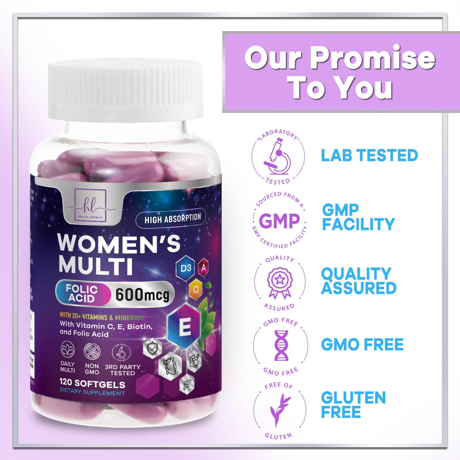 Hello Lovely! softgels junto a desayuno indicando uso diario con comida