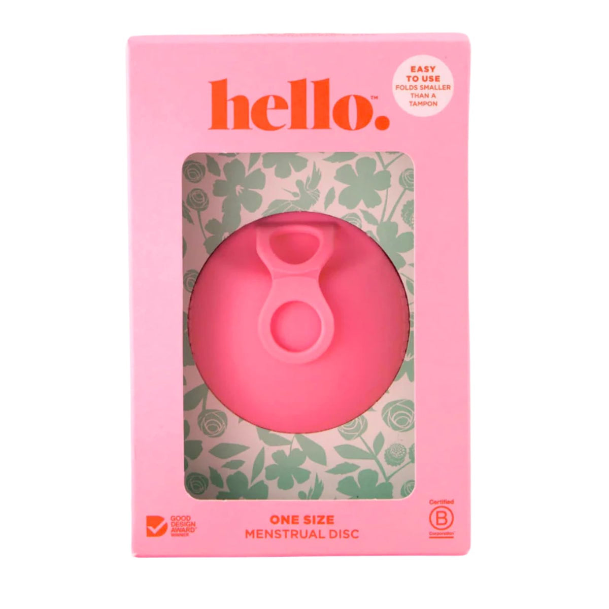 Hello Period empaque frontal mostrando producto y color bubblegum, fácil transporte
