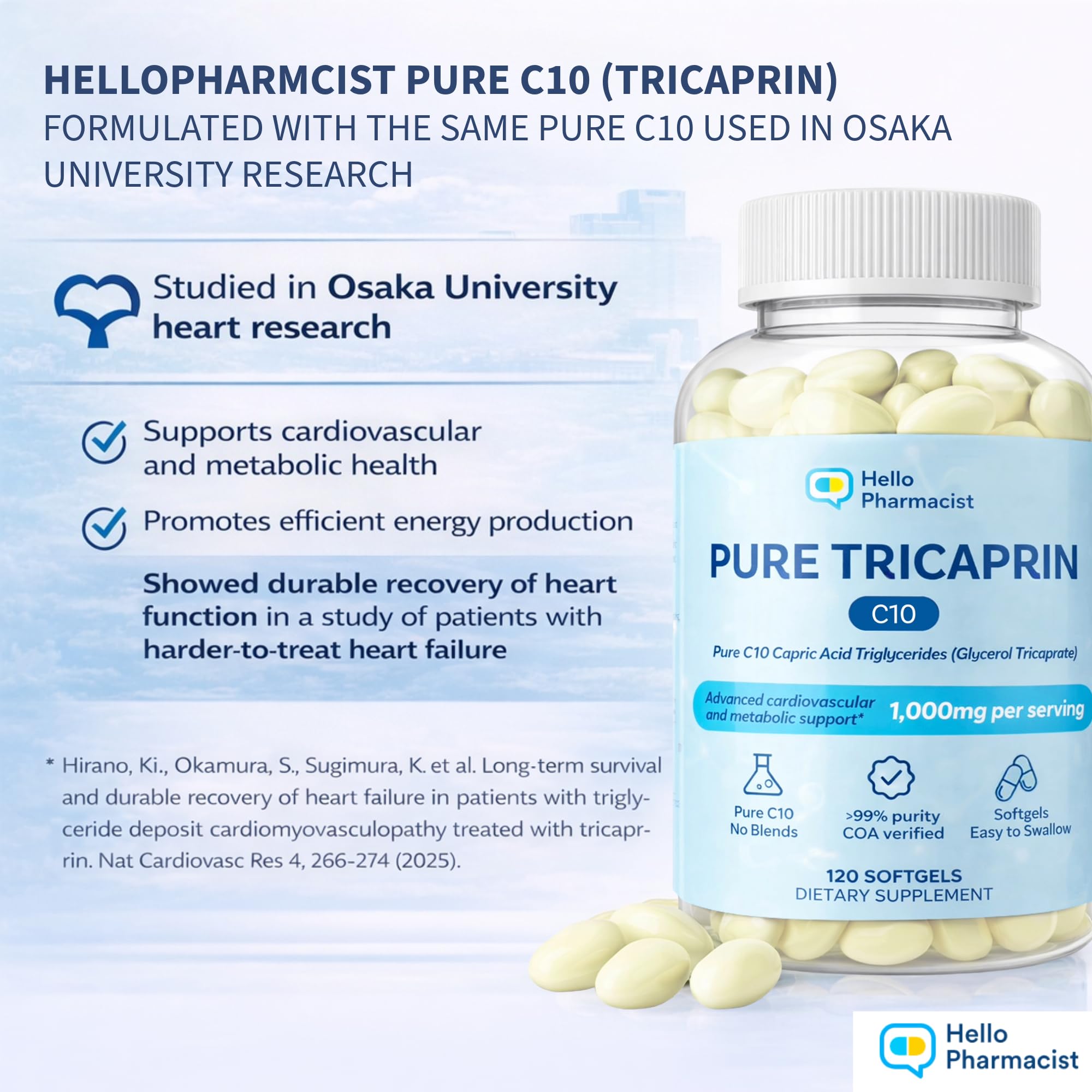HelloPharmacist botella abierta con cápsulas dispersas mostrando formato práctico