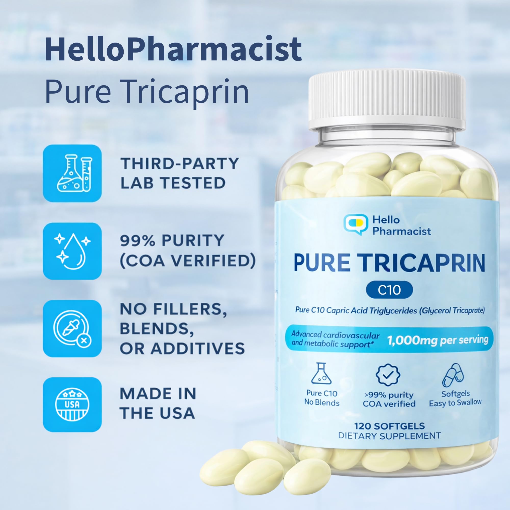 HelloPharmacist cápsulas en mano para mostrar escala y conveniencia portátil