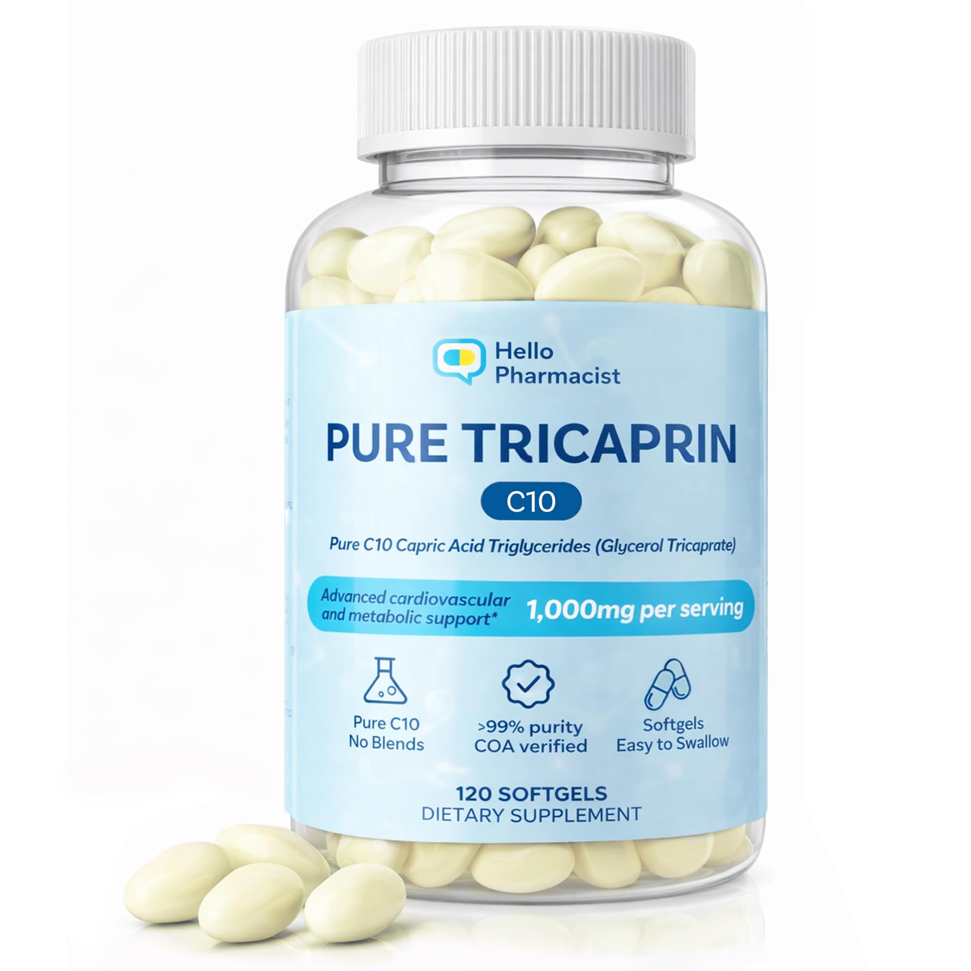 HelloPharmacist envase frontal mostrando 120 softgels y beneficio de dosificación limpia