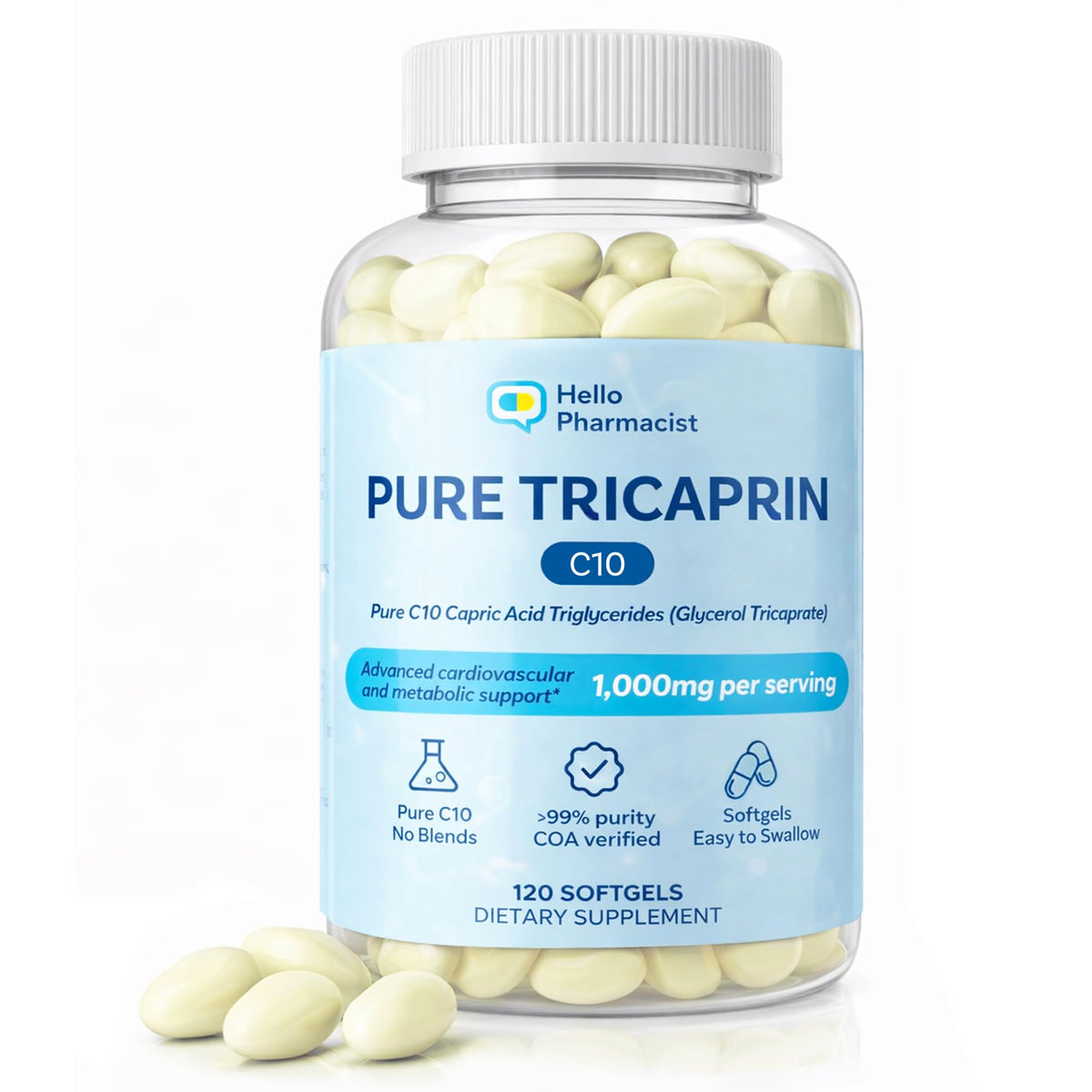 HelloPharmacist envase frontal mostrando 120 softgels y beneficio de dosificación limpia
