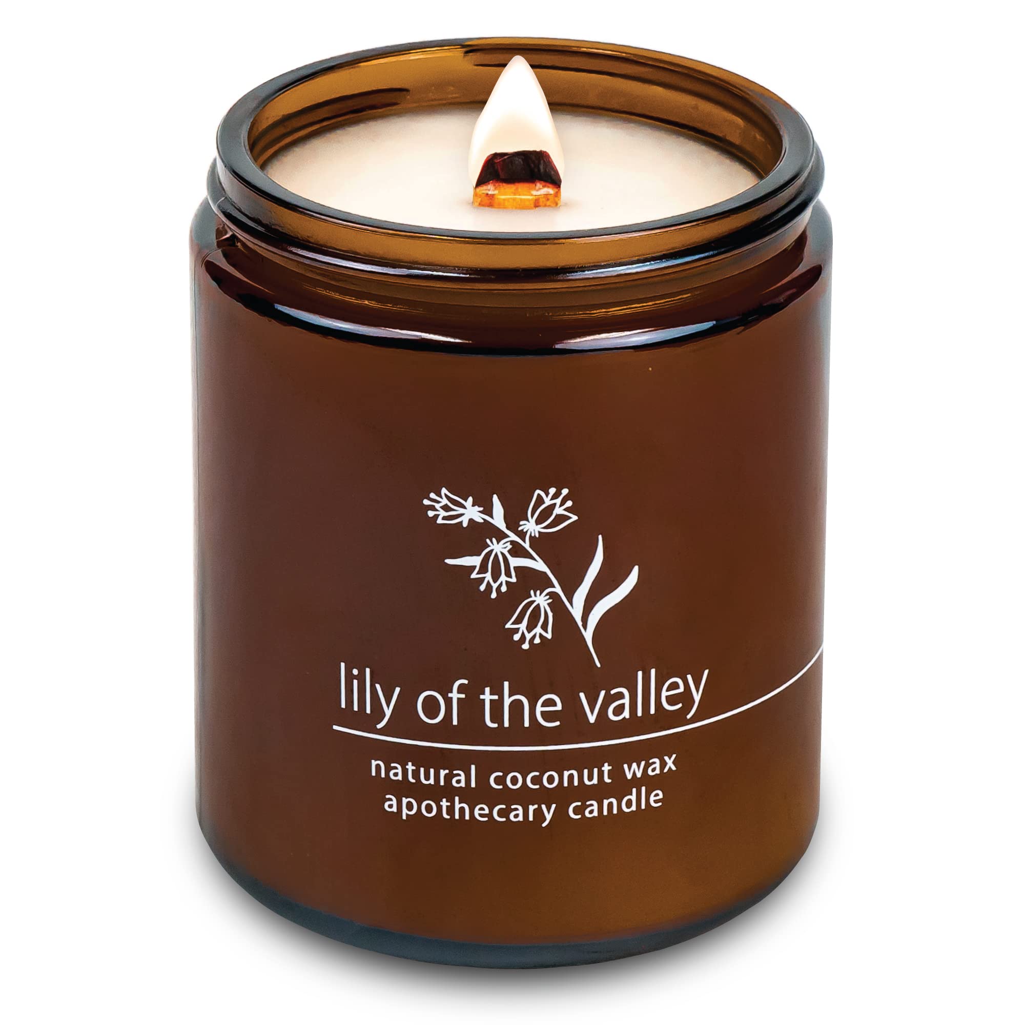Hemlock Park vela Lily of the Valley vista frontal en tarro ámbar elegante y atemporal