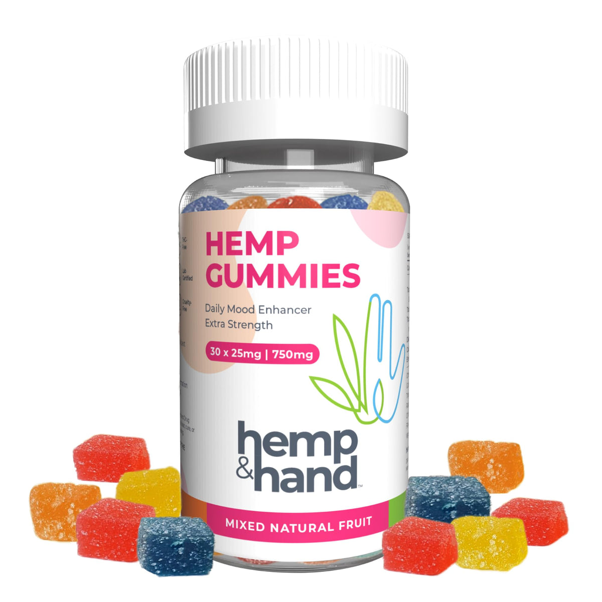 Hemp & Hand frente del envase mostrando la dosis y beneficios claros