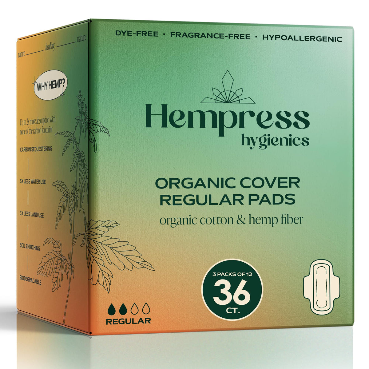 Hempress Hygienics frente del paquete mostrando 36 unidades y diseño ecológico