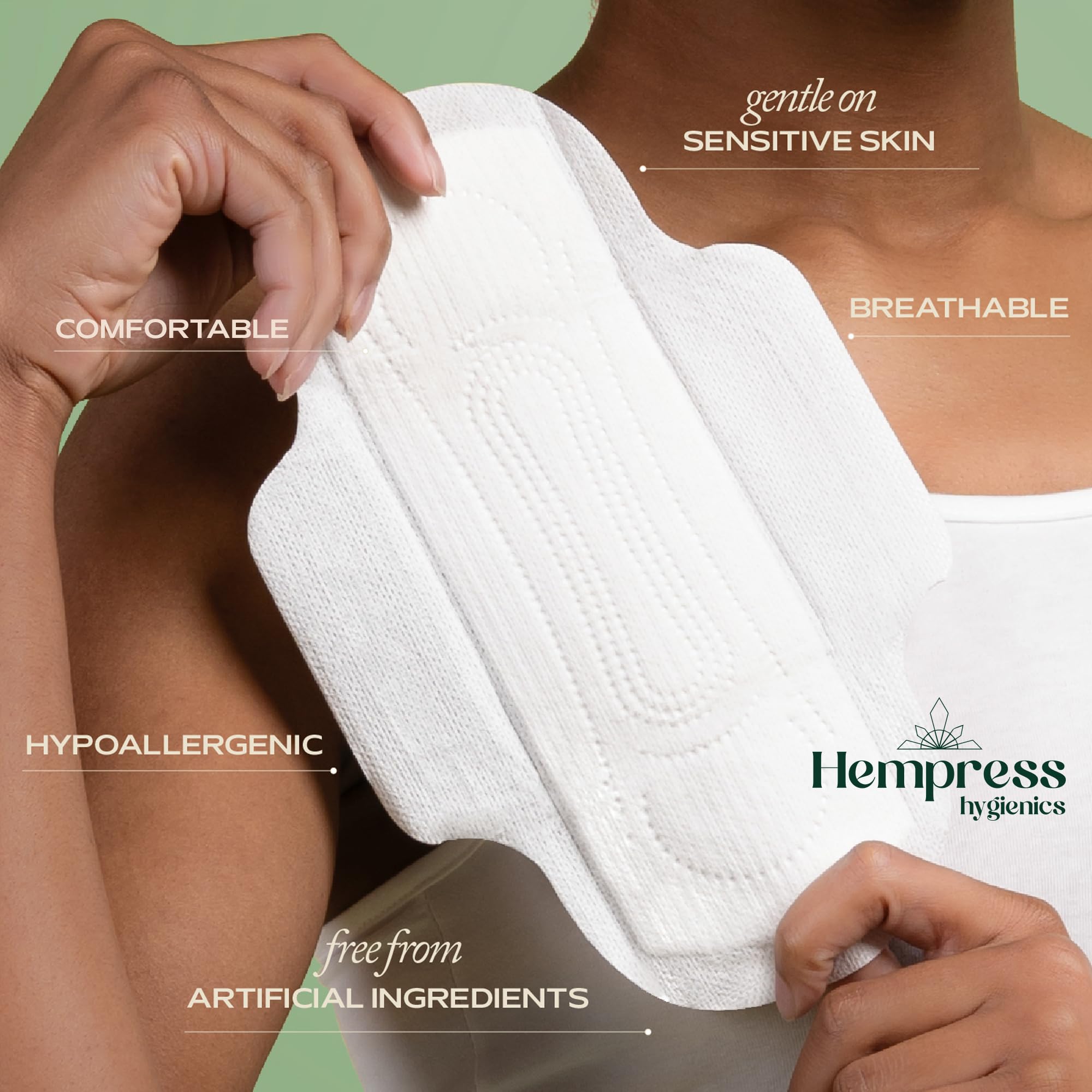 Hempress Hygienics toalla en uso en ropa interior con ajuste seguro y discreción