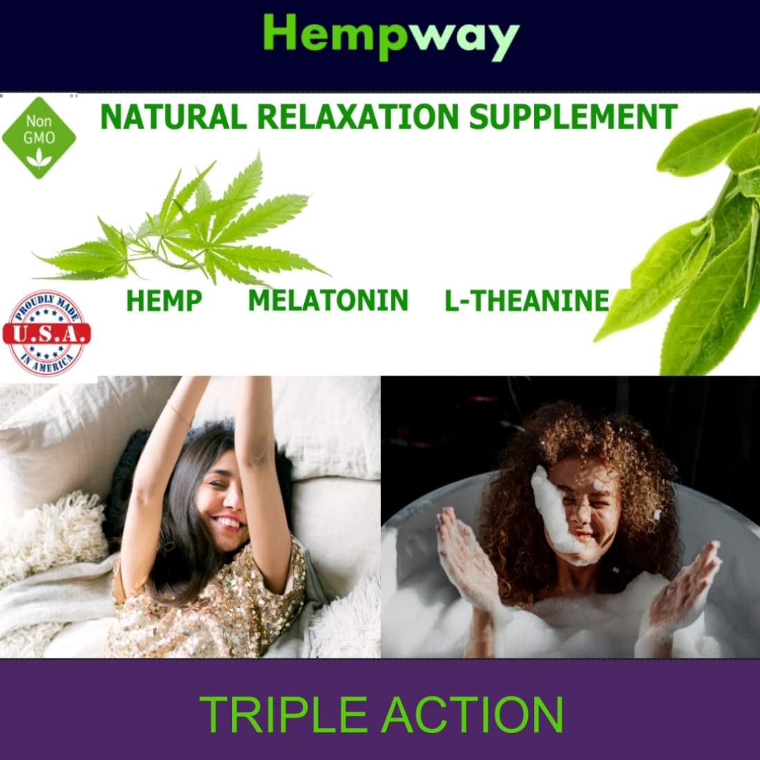HEMPWAY cápsula ilustrativa con melatonina, hemp y L-Theanine resaltados