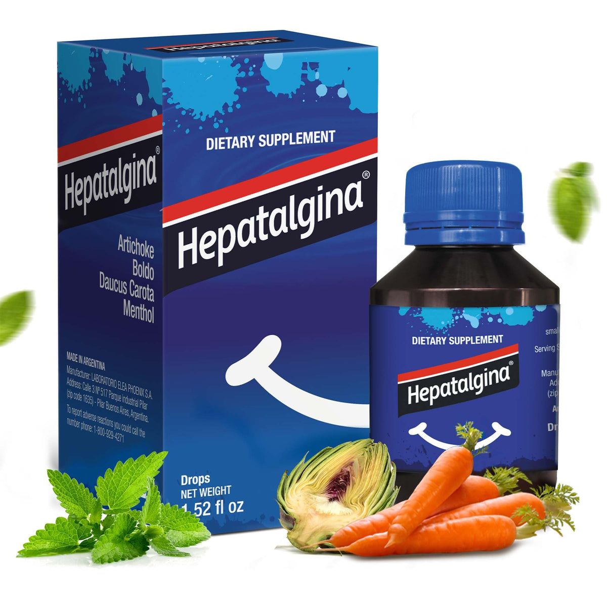 Hepatalgina vista frontal del envase mostrando la botella y gotero para dosificar comodidad