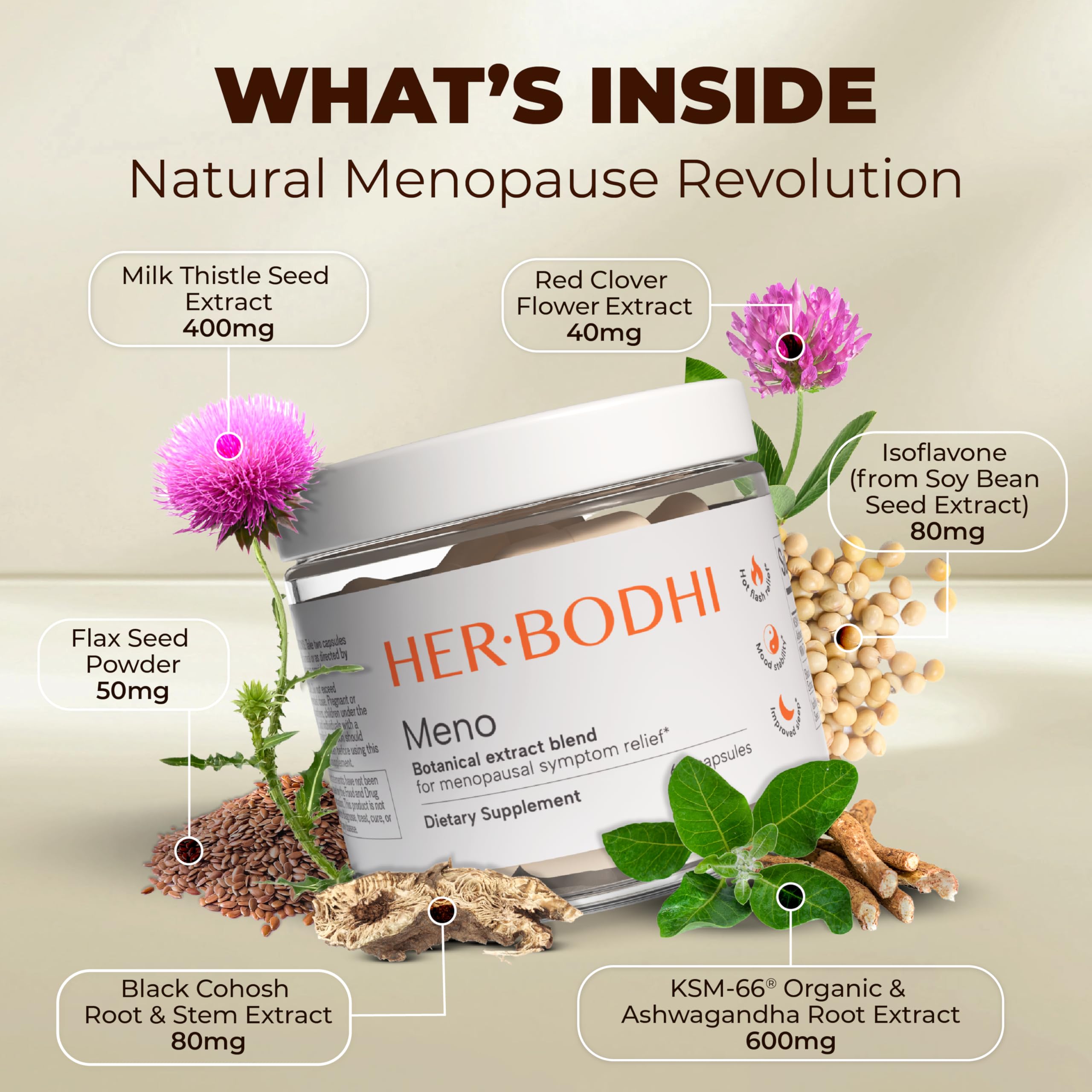 Etiqueta Her Bodhi con lista de ingredientes y certificaciones claras
