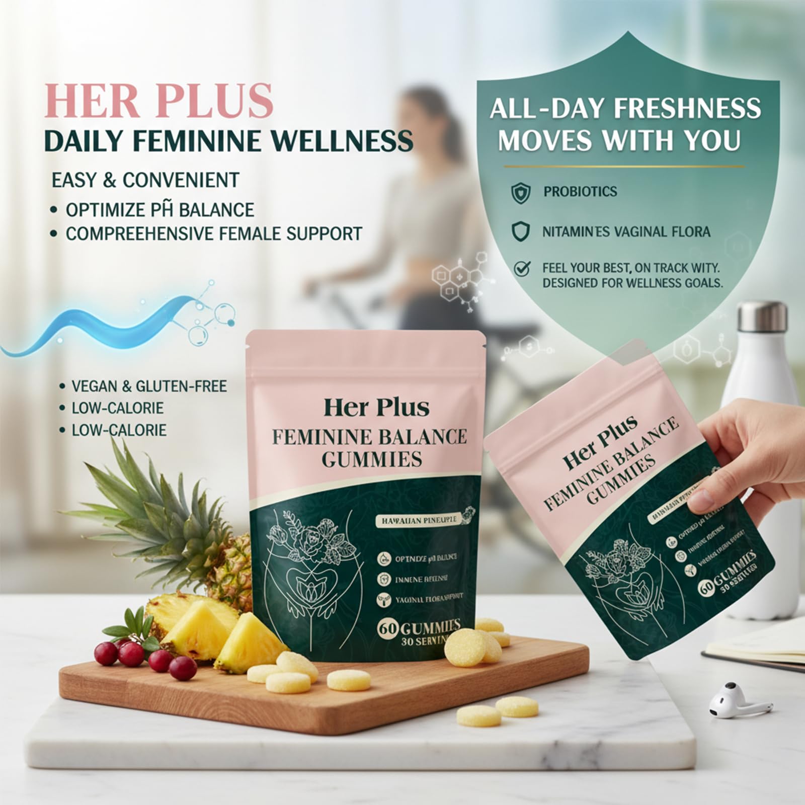 Her Plus Nutrition gominolas junto a una regla para comparación de tamaño