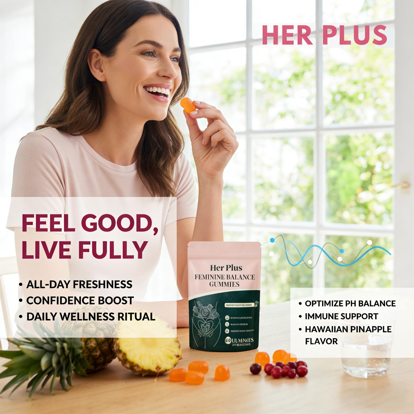 Her Plus Nutrition gominolas en mano listas para consumo rápido y cómodo