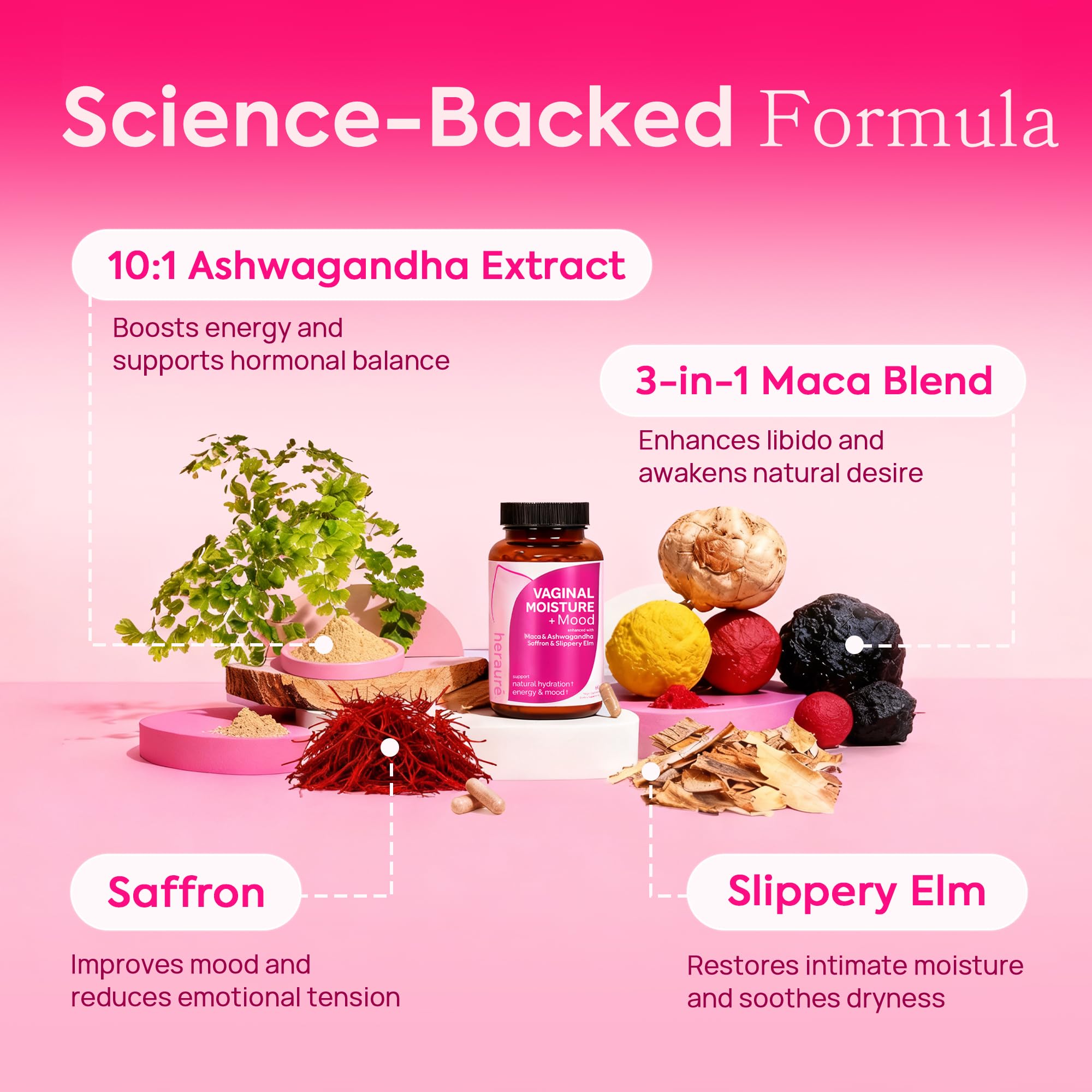 HerAuré ingredientes naturales maca y ashwagandha sugiriendo energía