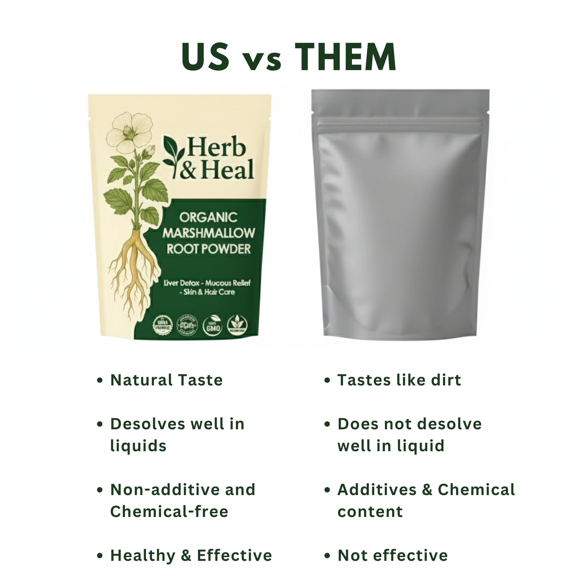 Herb & Heal etiqueta con sellos orgánicos y lista de ingredientes clara