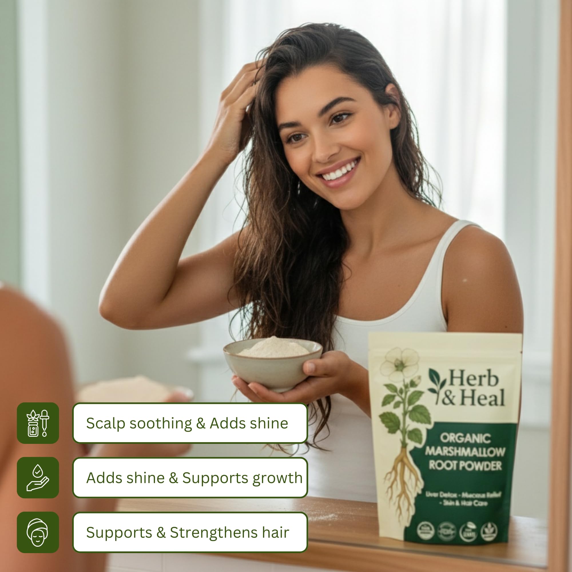 Herb & Heal mano con cucharita midiendo dosis precisa para recetas