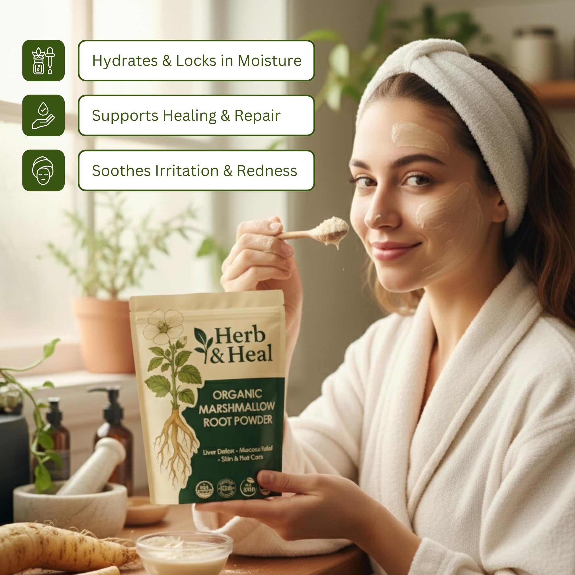 Herb & Heal taza con infusión de malvavisco demostrando uso calmante