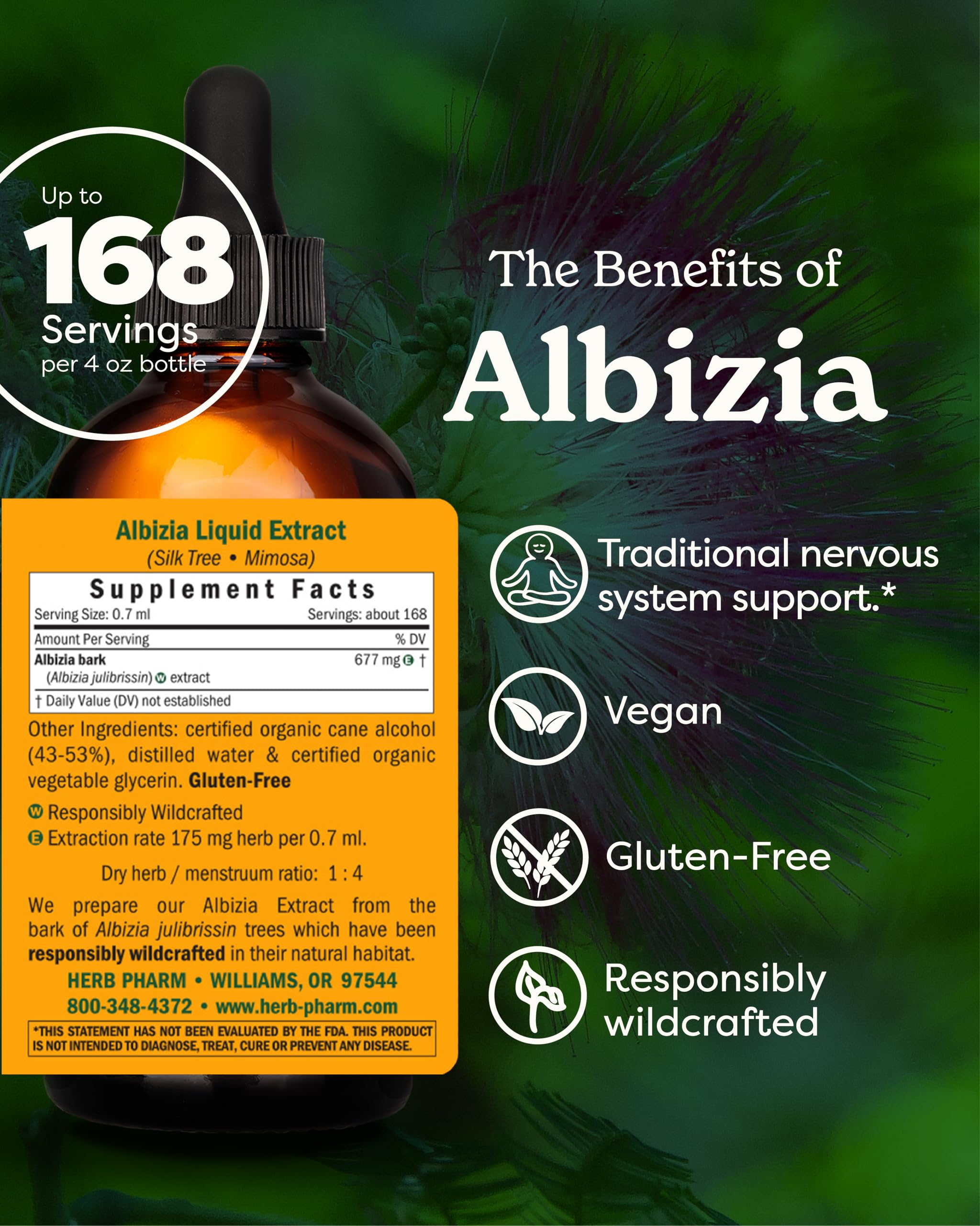 Herb Pharm corteza de Albizia en primer plano, demostrando origen natural