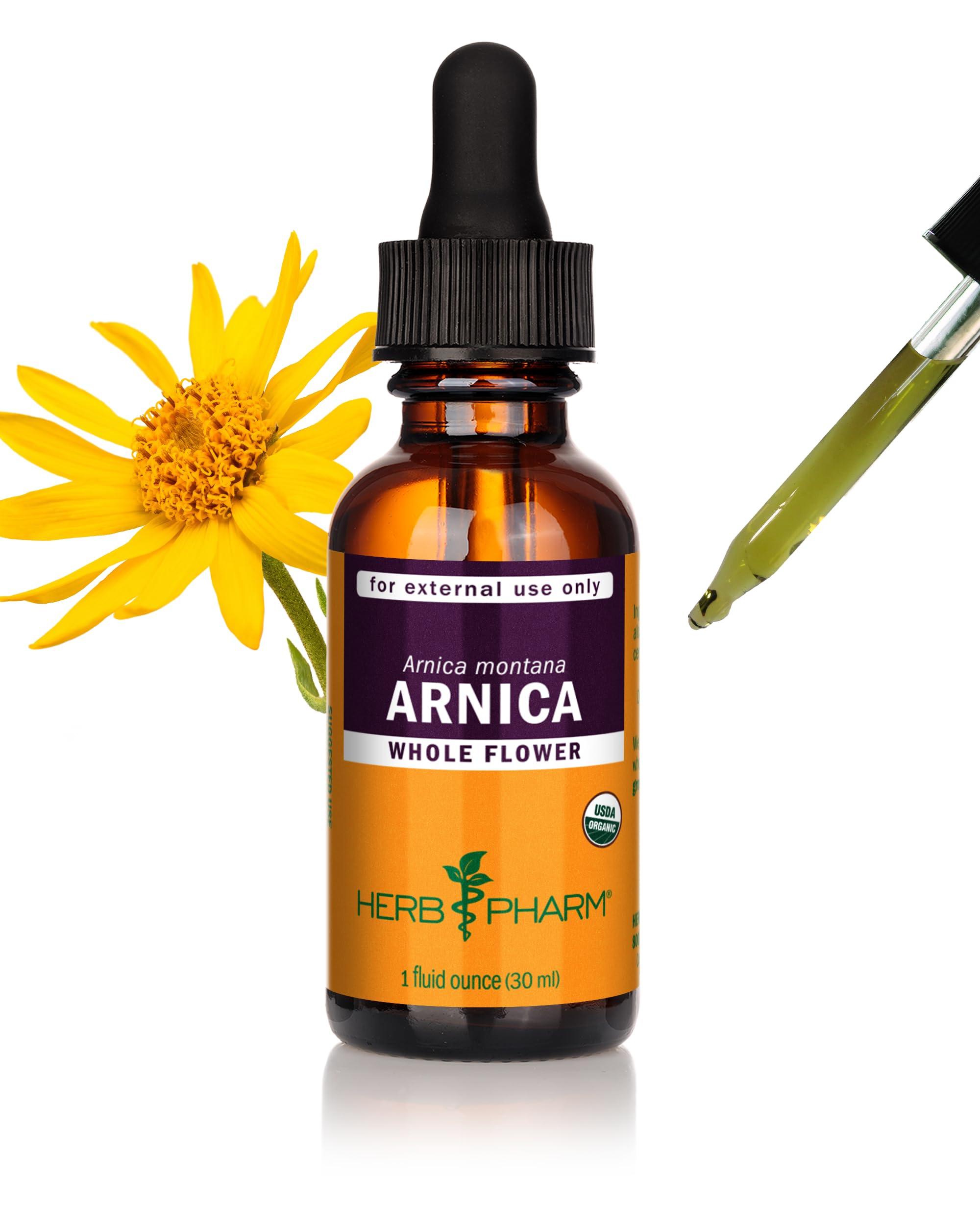 Herb Pharm frasco frontal de árnica orgánica mostrando etiqueta clara y tamaño