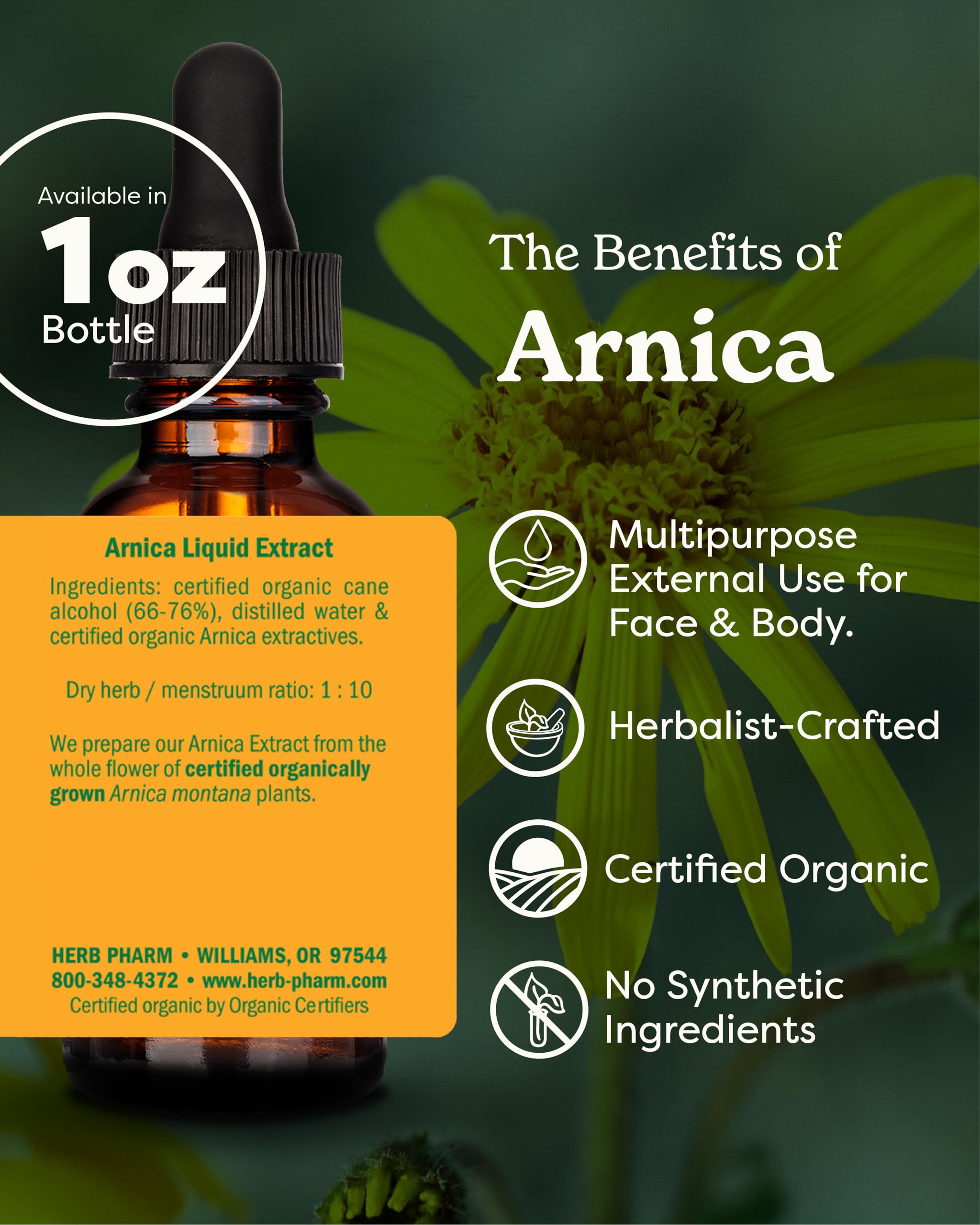 Herb Pharm detalle de textura del extracto líquido de árnica y aspecto limpio