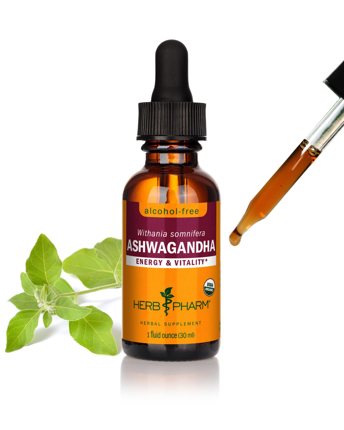 Herb Pharm frente del envase mostrando etiqueta y tamaño práctico