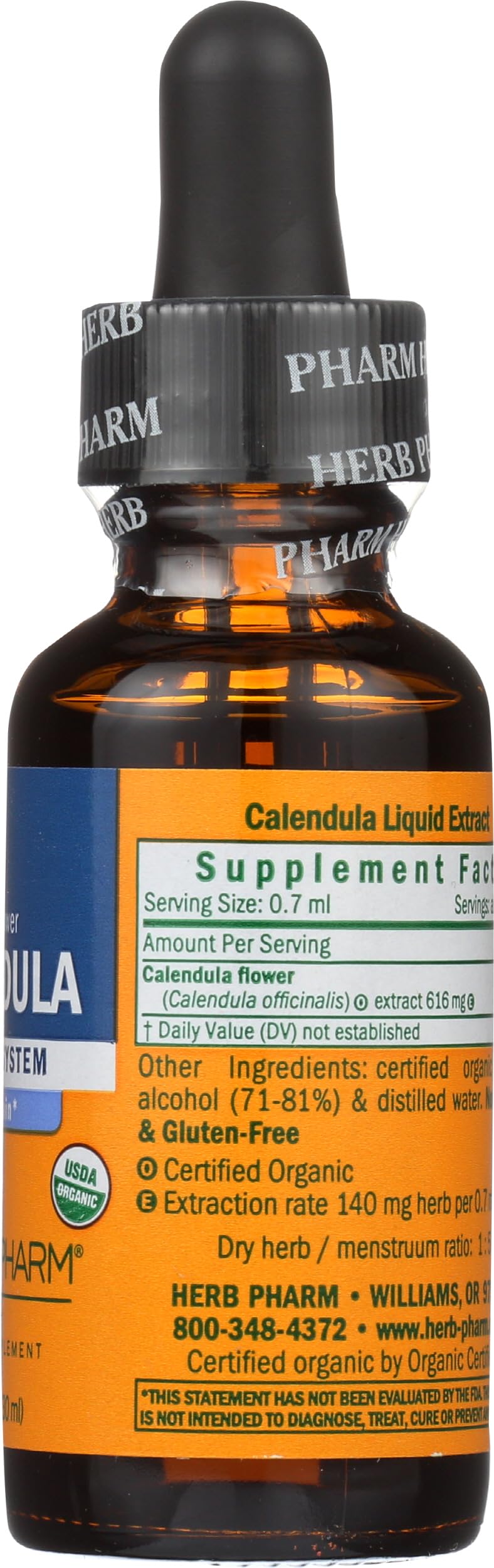 Etiqueta Herb Pharm con sellos orgánicos y HPTLC que garantizan control de calidad