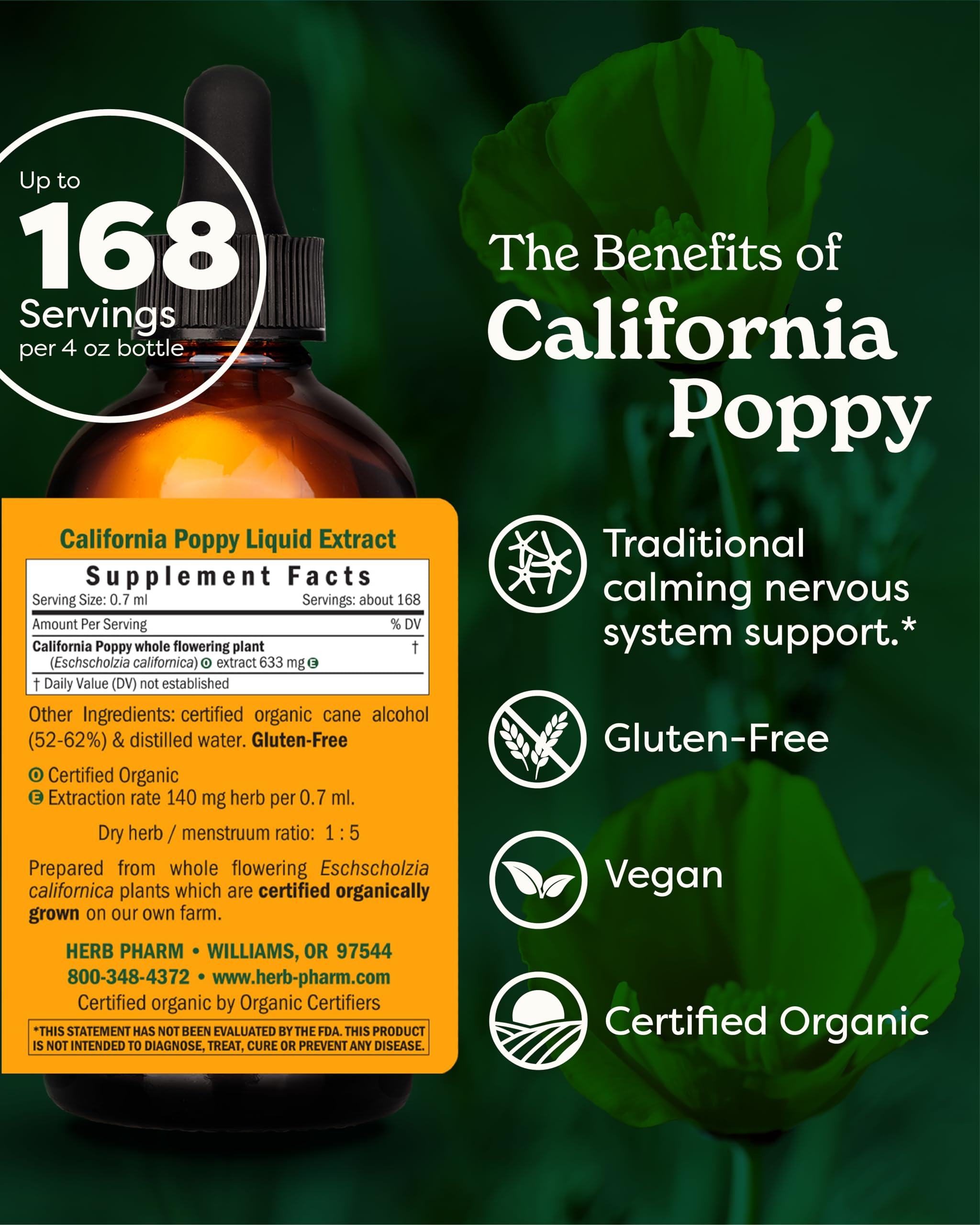 Herb Pharm detalle de etiqueta con ingredientes y certificación orgánica visible