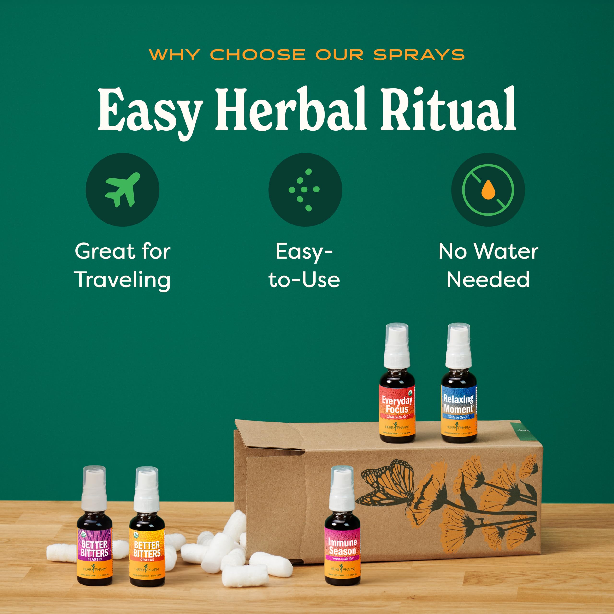 Herb Pharm frasco y empaque mostrando cierre seguro y diseño limpio