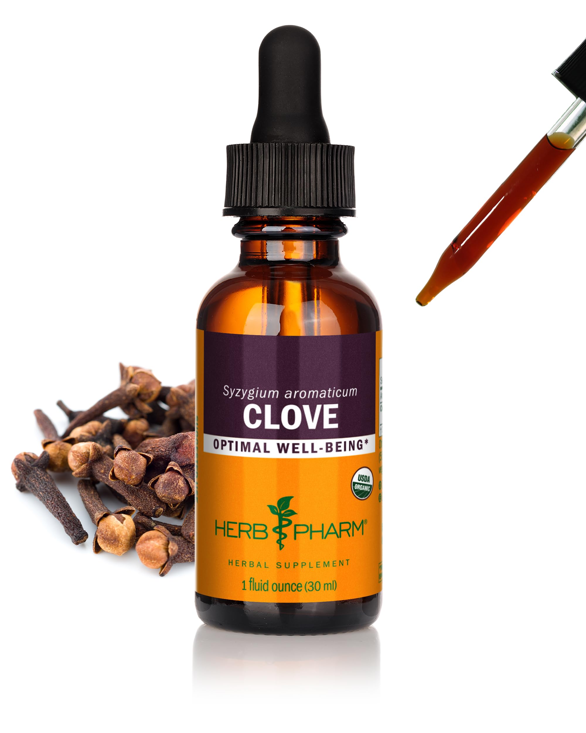 Herb Pharm botella frontal mostrando extracto de clavo y tamaño práctico