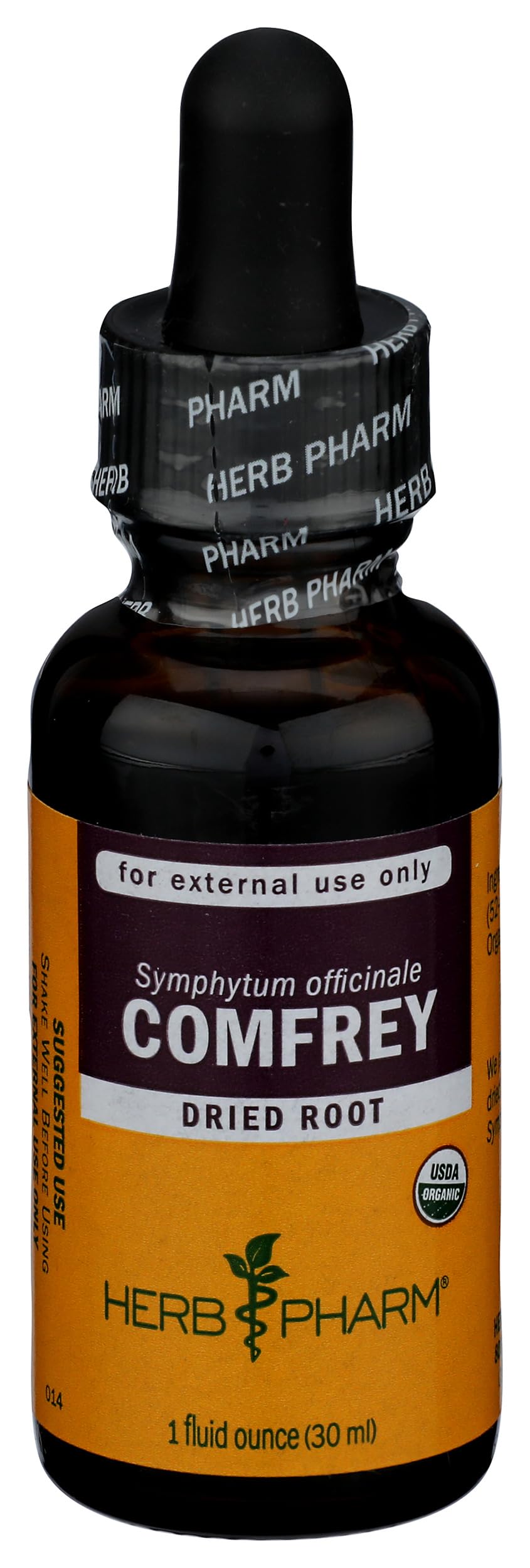 Herb Pharm frasco frontal de extracto de consuelda, presentación orgánica y confianza