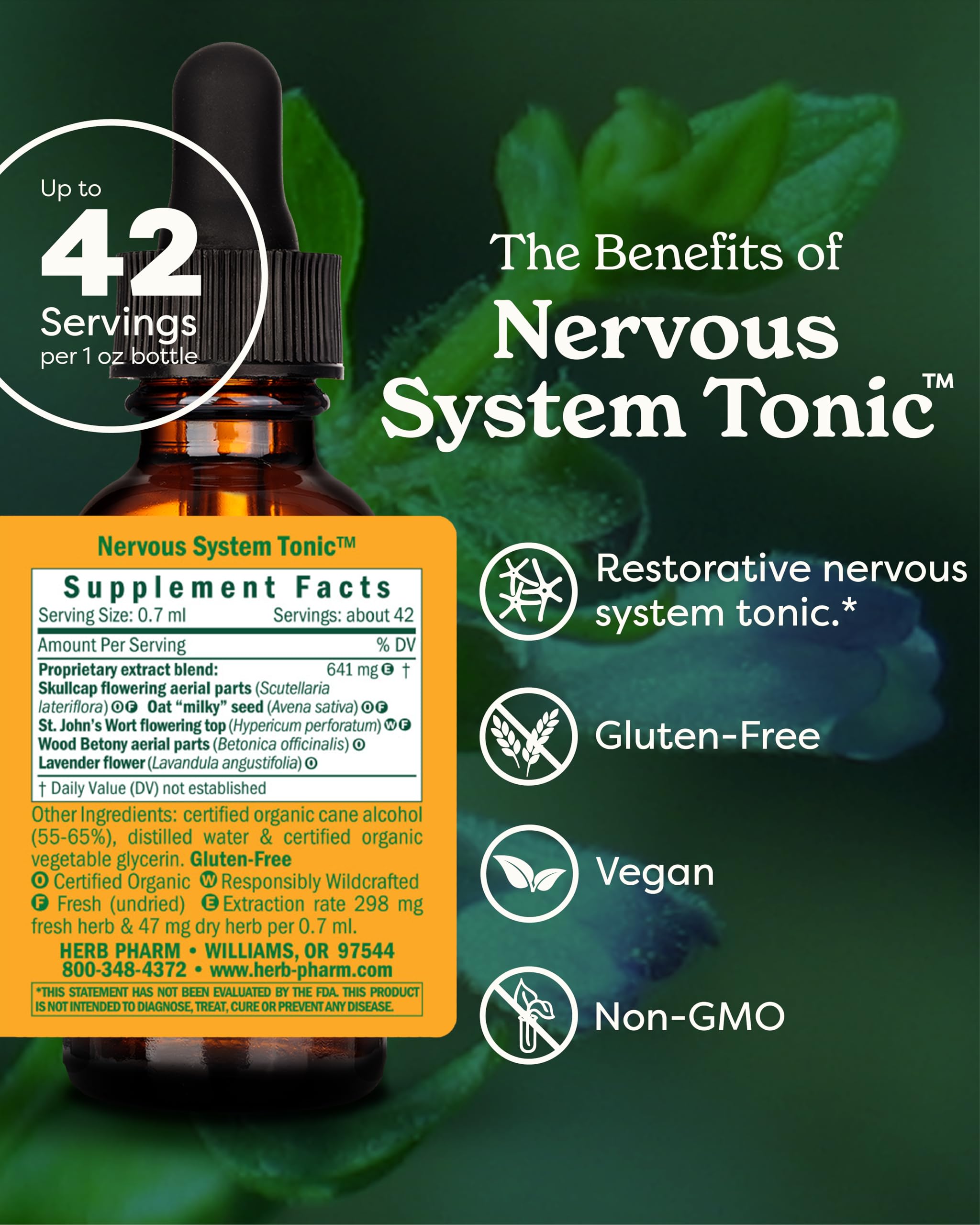Herb Pharm etiqueta con lista de ingredientes, transparencia y calidad