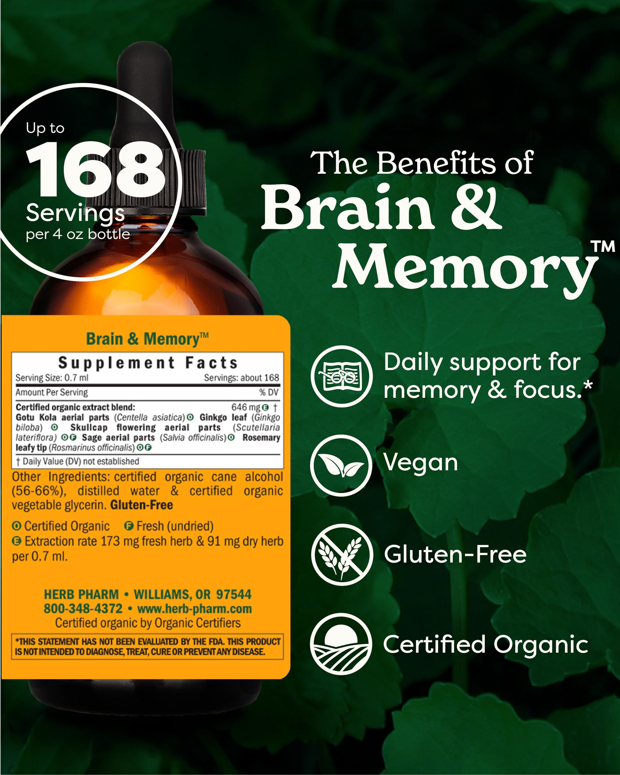 Herb Pharm primer plano de etiqueta con lista de ingredientes orgánicos