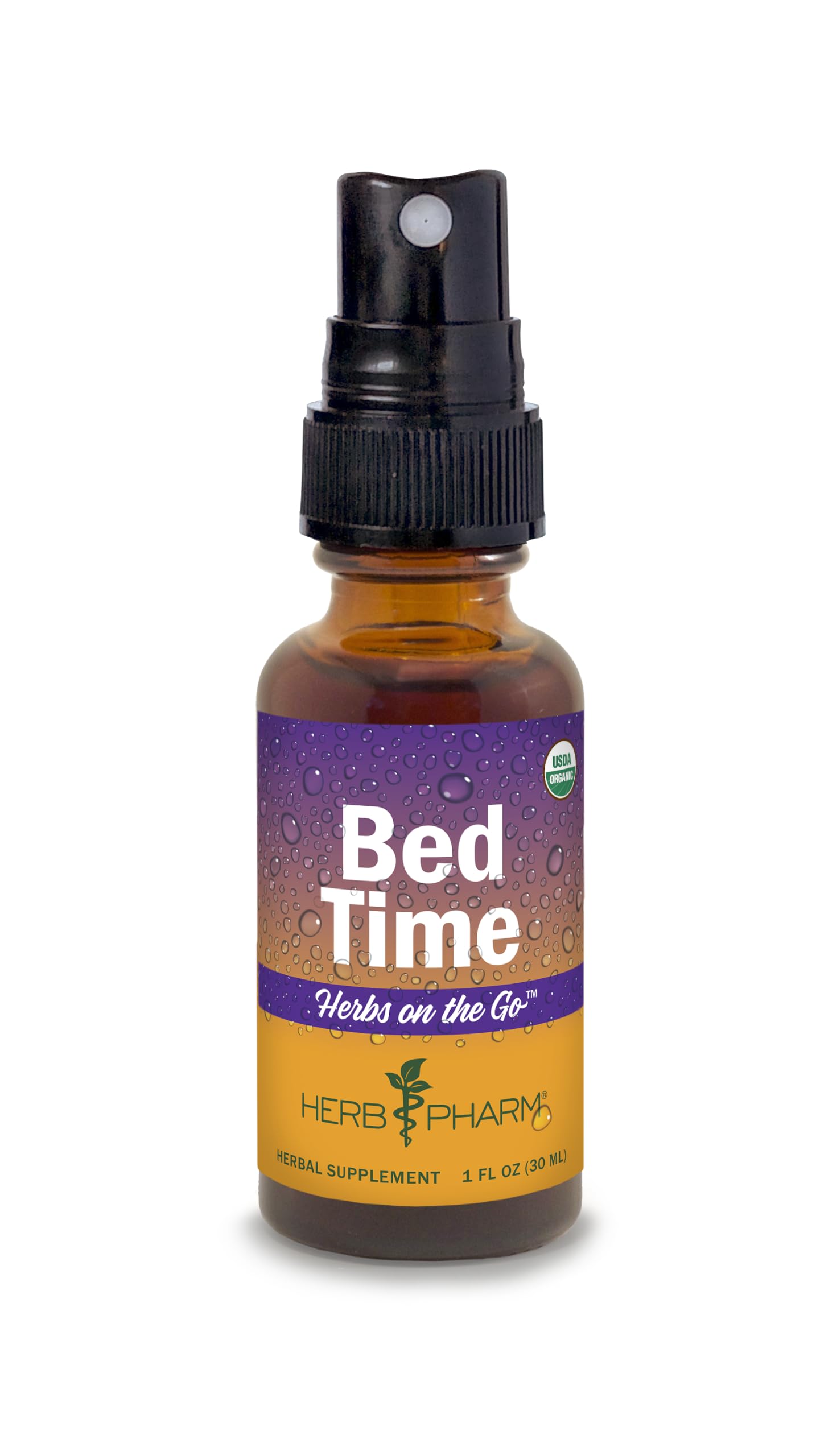 Herb Pharm envase frontal del spray Bed Time que facilita dosificación