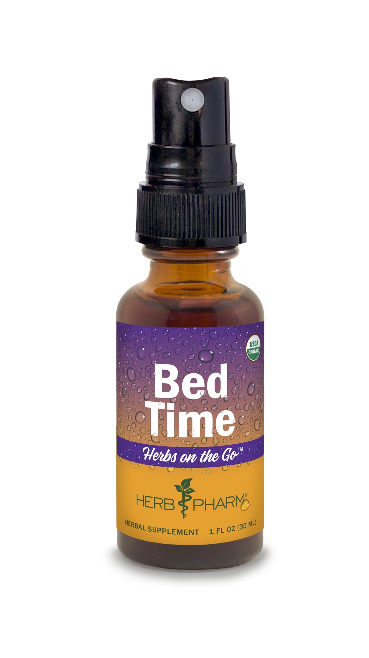 Herb Pharm envase frontal del spray Bed Time que facilita dosificación