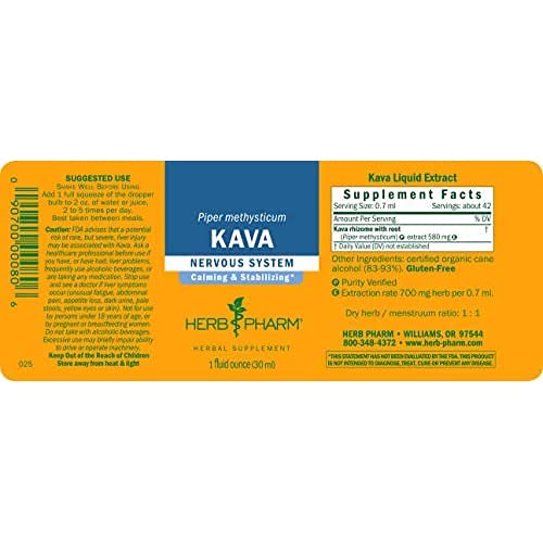Herb Pharm etiqueta con información de kava y certificaciones visibles