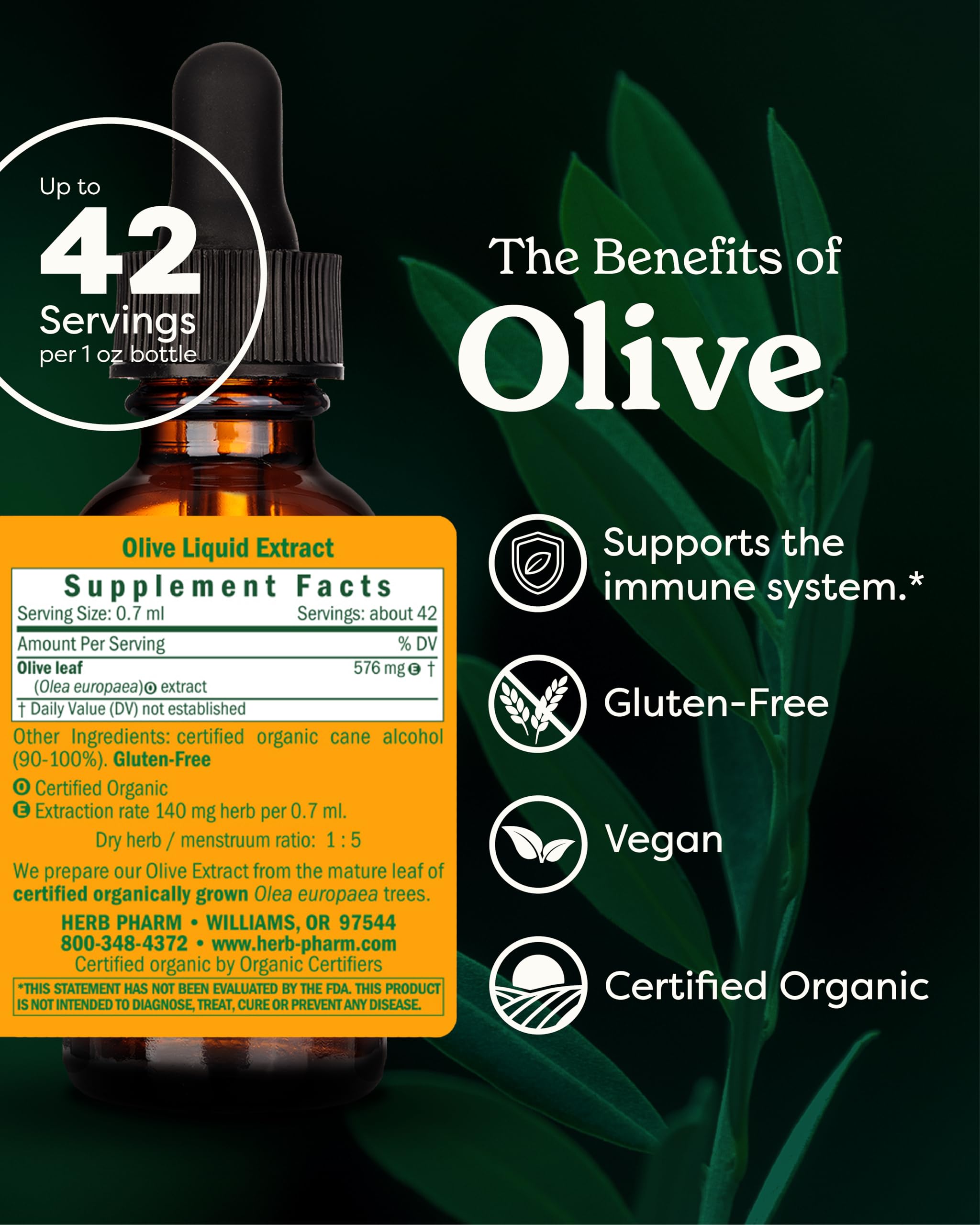 Herb Pharm frasco de 1 oz con detalle de etiqueta que indica certificación orgánica y calidad