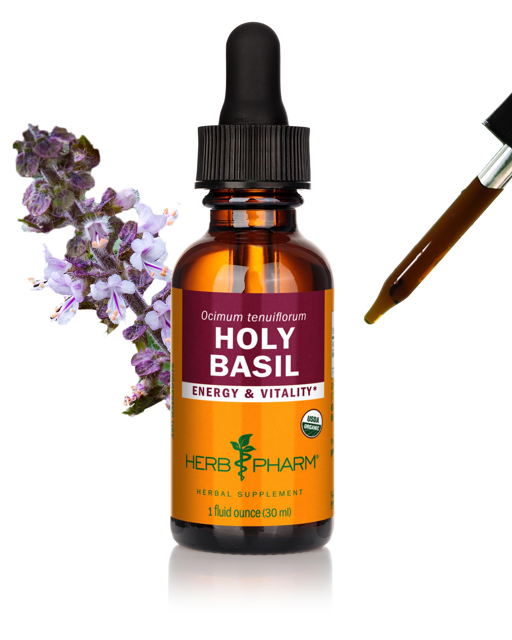 Herb Pharm frasco frente de Tulsi mostrando envase y conveniencia