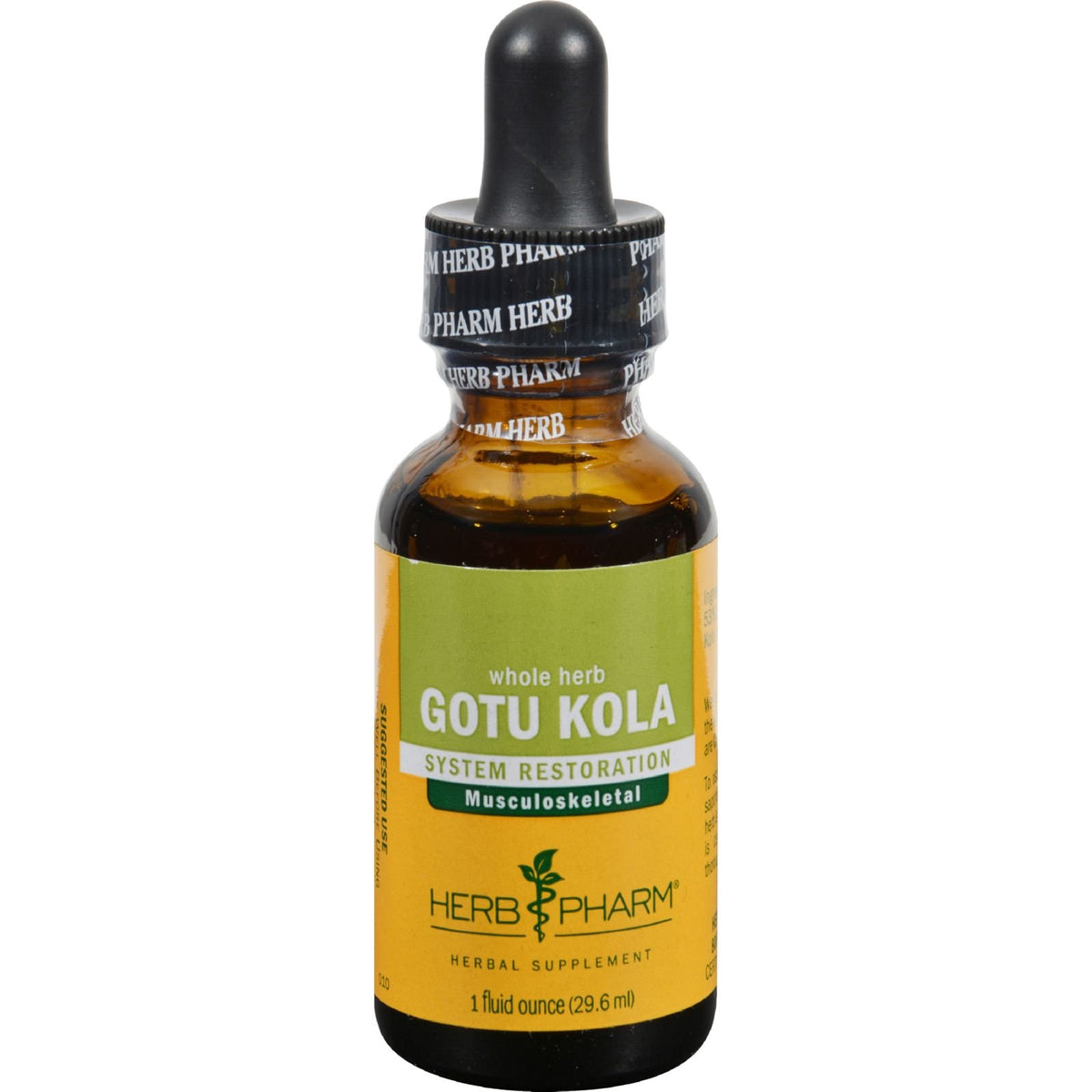 Herb Pharm frasco frontal de Gotu Kola orgánico, presentación 1 oz y fácil dosificación
