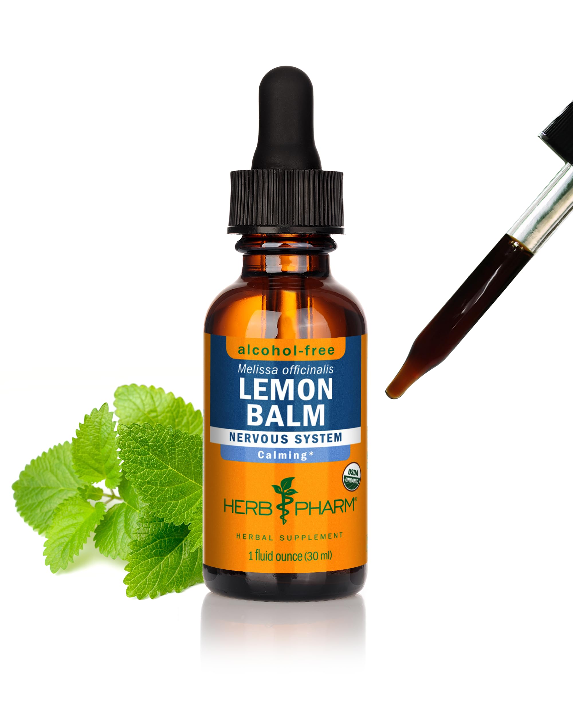Herb Pharm frasco frontal lemon balm mostrando presentación y marca, fácil identificación