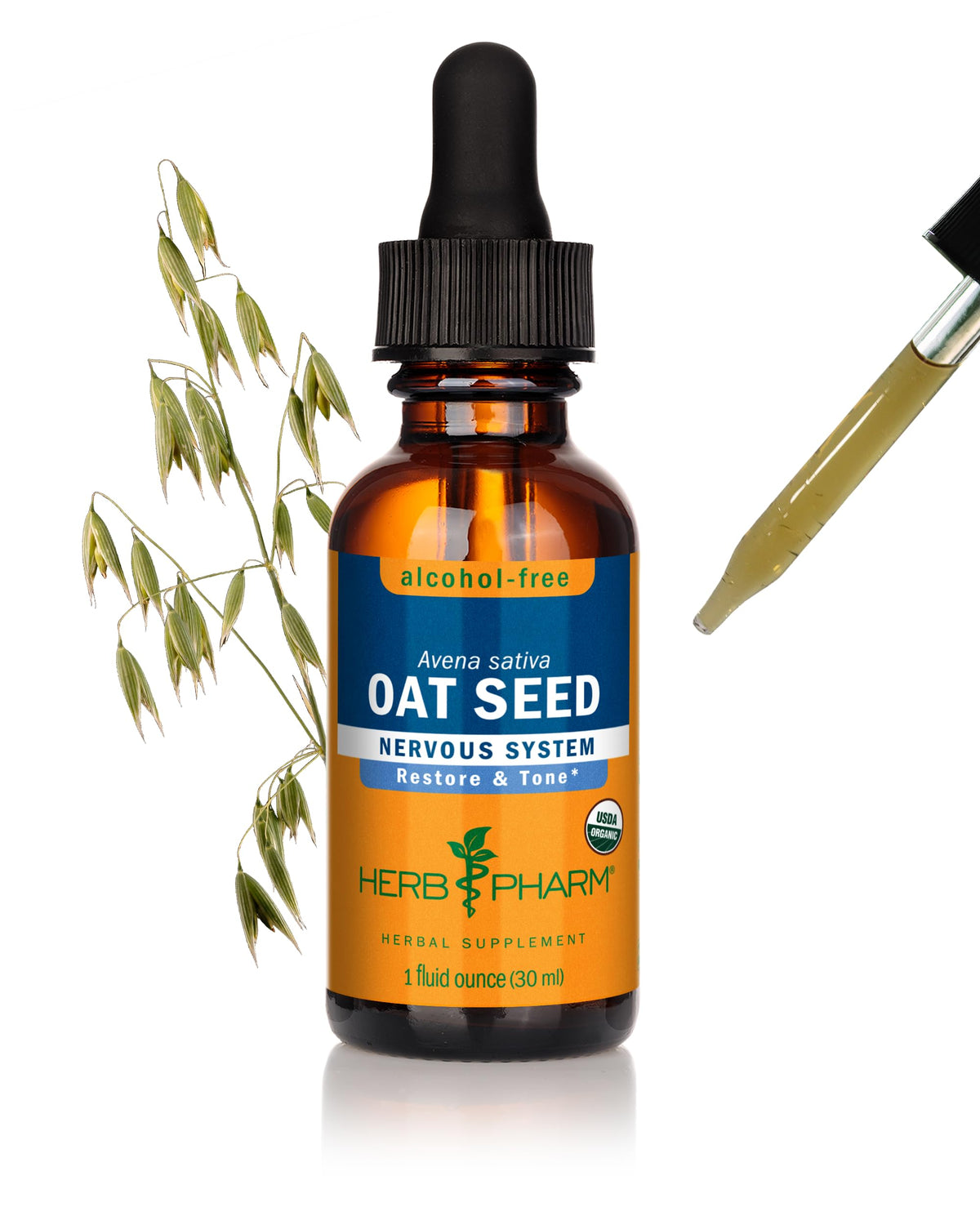 Herb Pharm frasco frontal mostrando tintura de avena y diseño claro