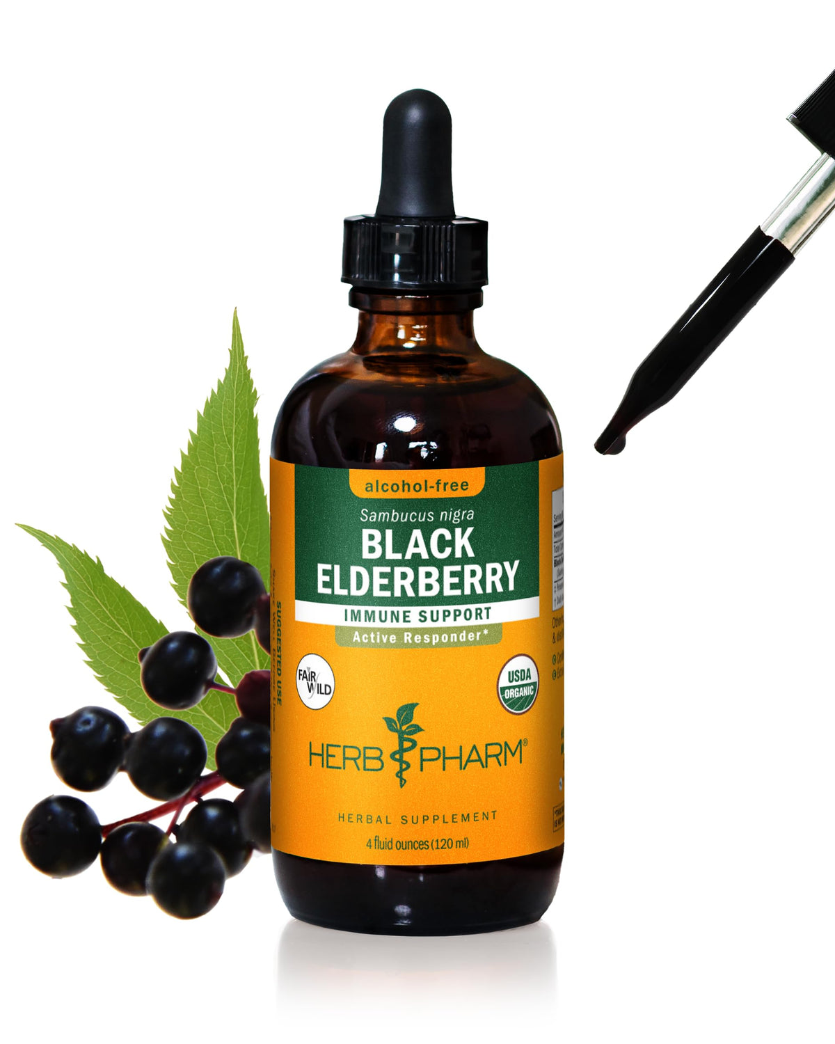 Herb Pharm frasco frontal de saúco negro orgánico muestra claridad y confianza
